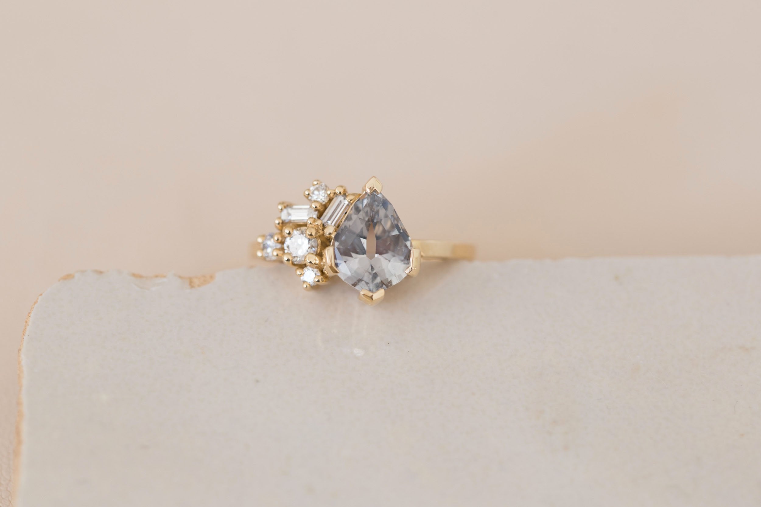 Altheda Ring | Grey Geometric Cut Sapphire + Diamond Cluster Engagement Ring 2.13 ct | 14k Recycled Gold | One of a Kind