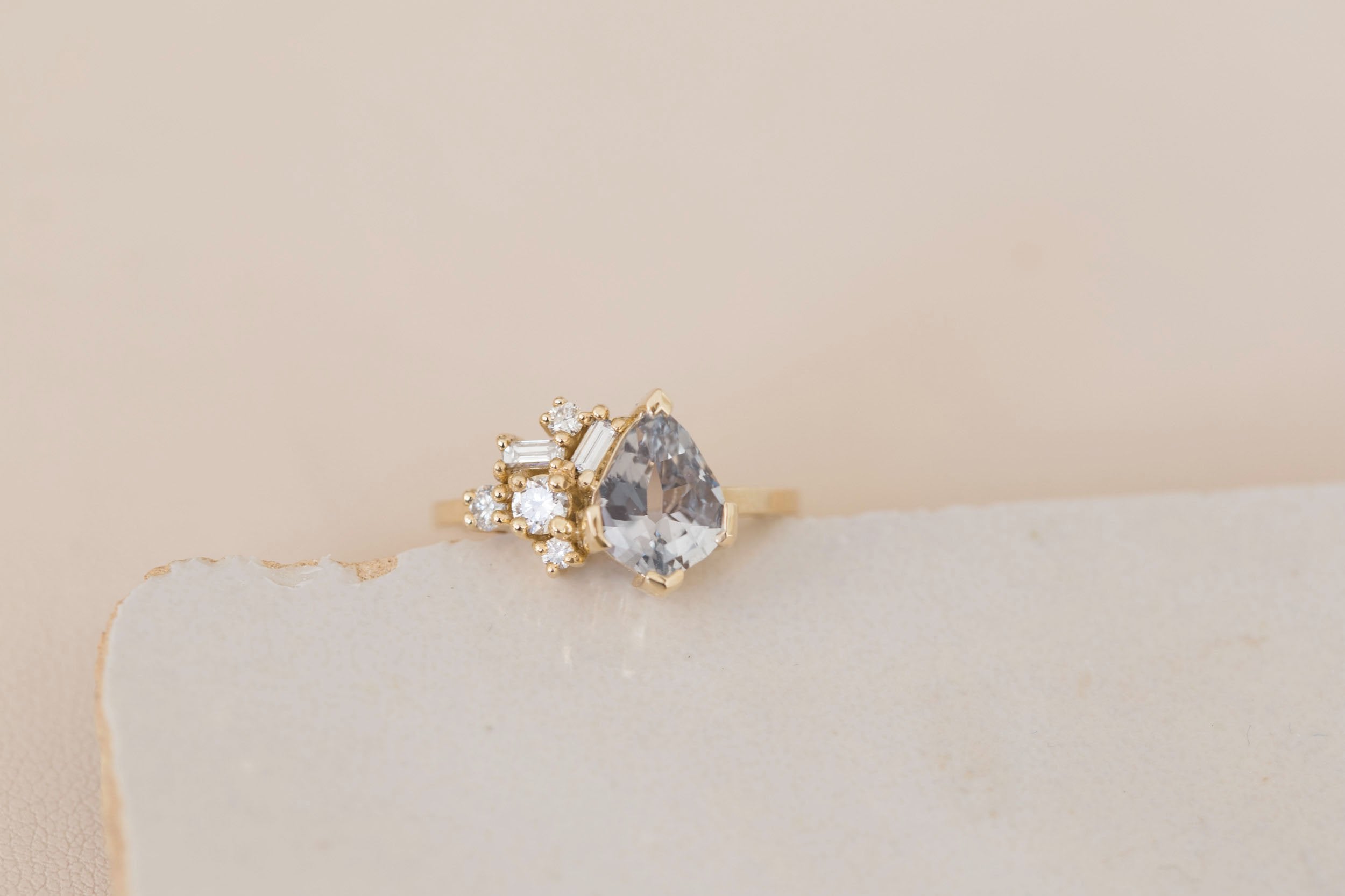 Altheda Ring | Grey Geometric Cut Sapphire + Diamond Cluster Engagement Ring 2.13 ct | 14k Recycled Gold | One of a Kind
