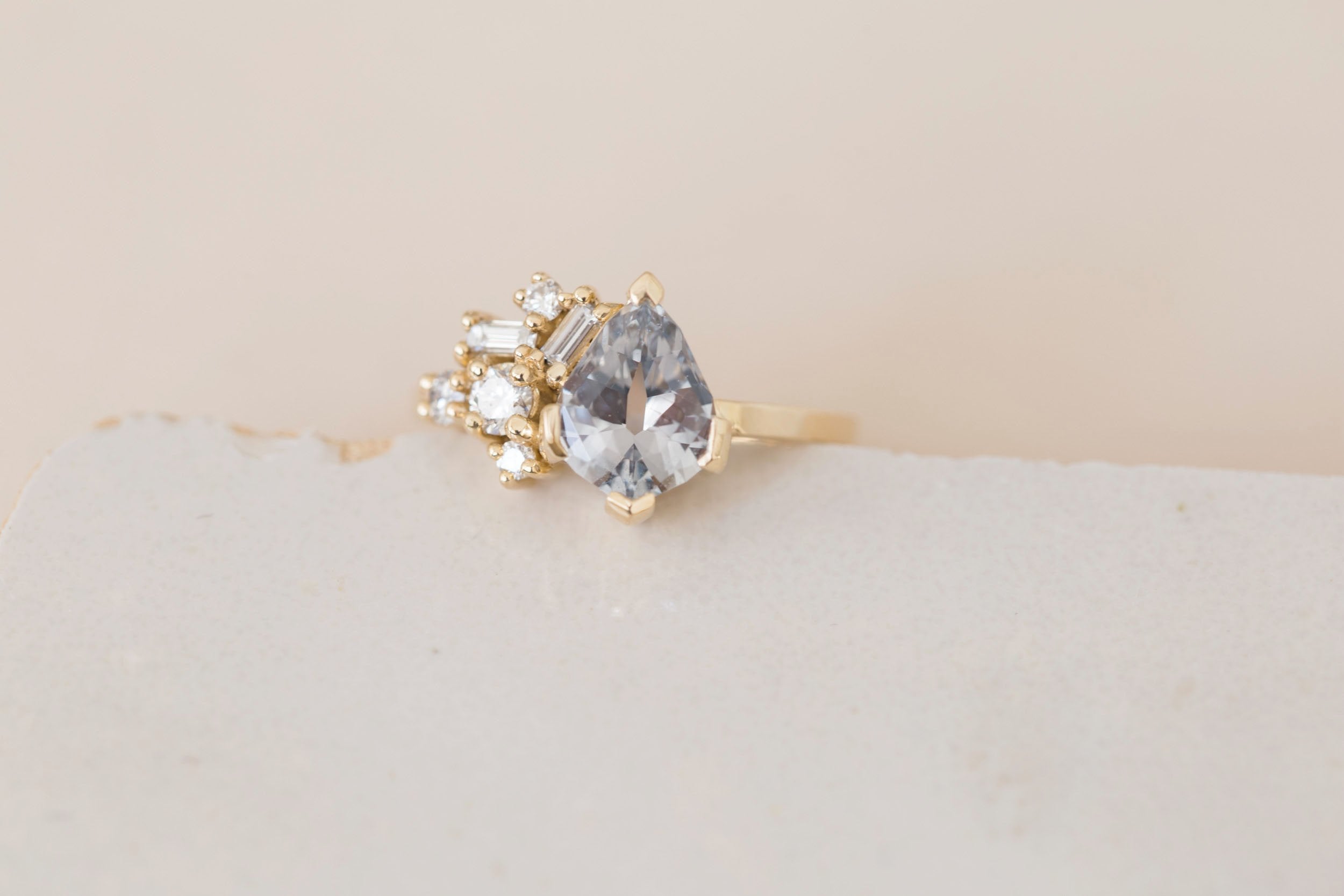 Altheda Ring | Grey Geometric Cut Sapphire + Diamond Cluster Engagement Ring 2.13 ct | 14k Recycled Gold | One of a Kind