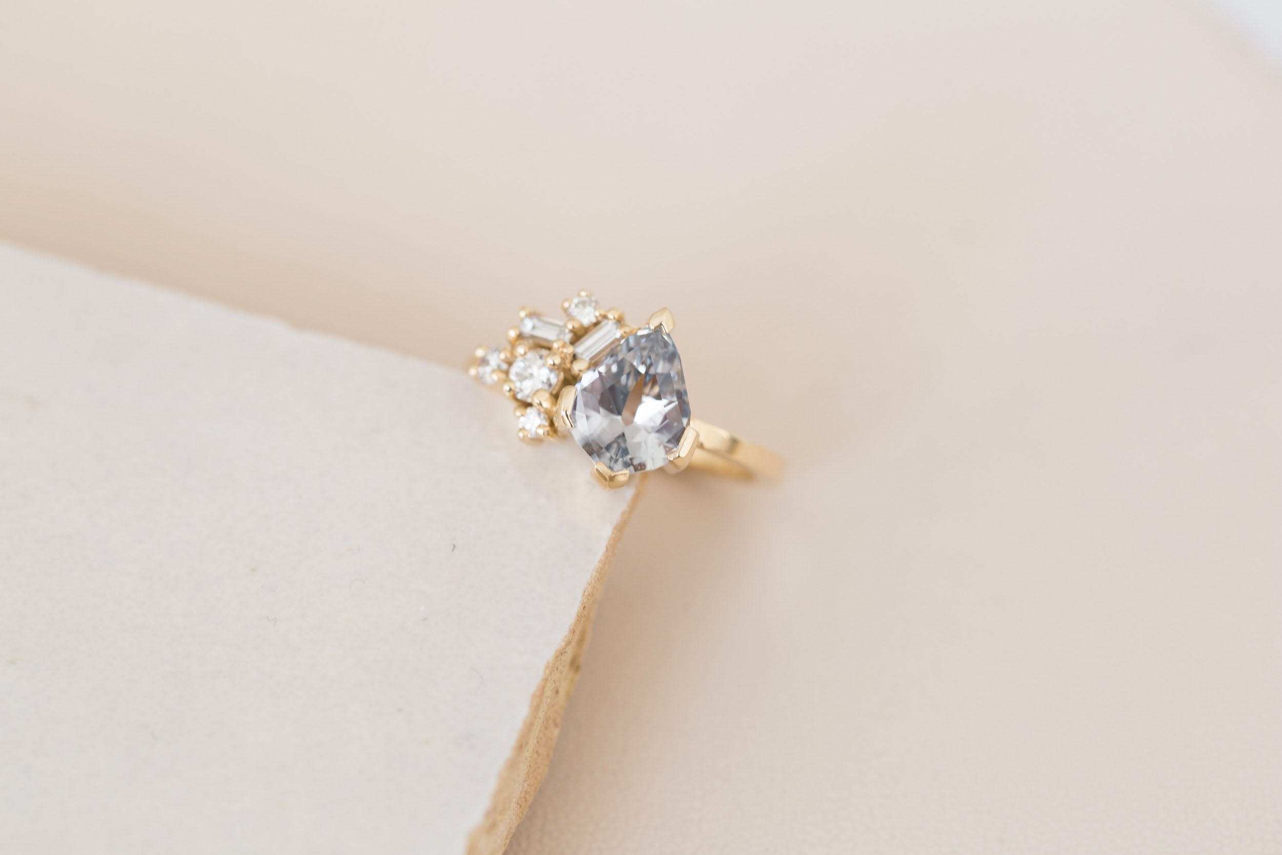 Altheda Ring | Grey Geometric Cut Sapphire + Diamond Cluster Engagement Ring 2.13 ct | 14k Recycled Gold | One of a Kind