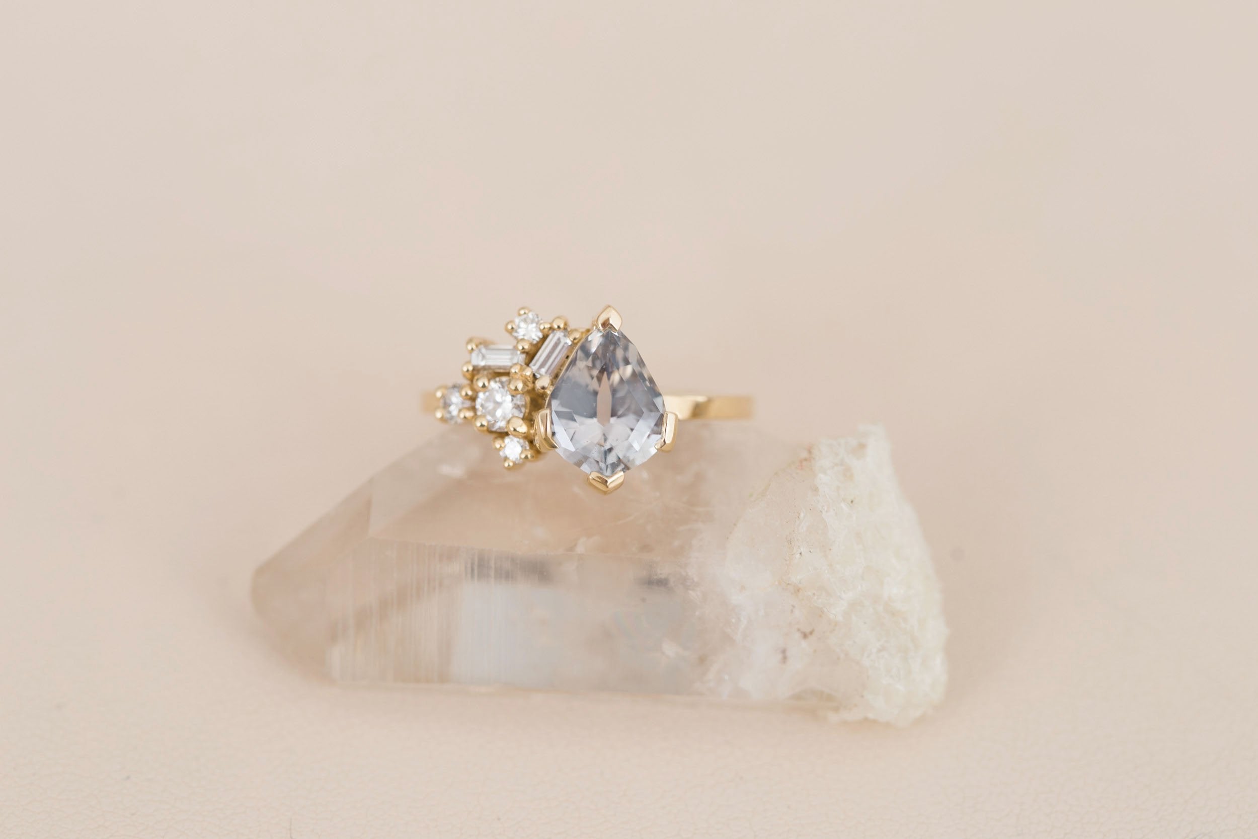 Altheda Ring | Grey Geometric Cut Sapphire + Diamond Cluster Engagement Ring 2.13 ct | 14k Recycled Gold | One of a Kind