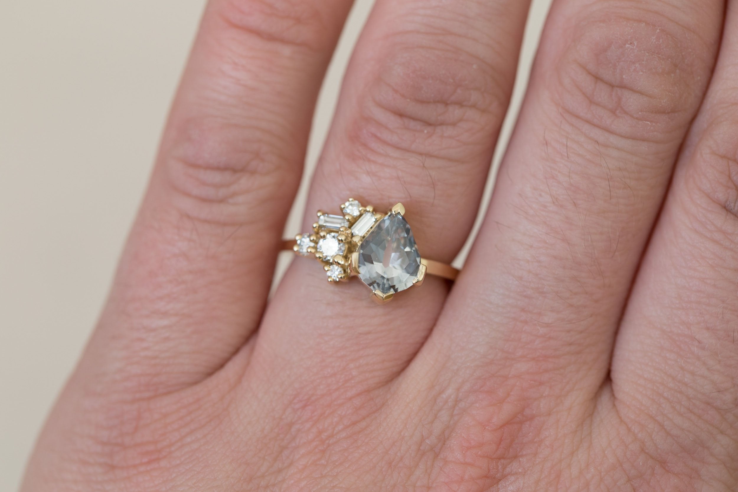 Altheda Ring | Grey Geometric Cut Sapphire + Diamond Cluster Engagement Ring 2.13 ct | 14k Recycled Gold | One of a Kind