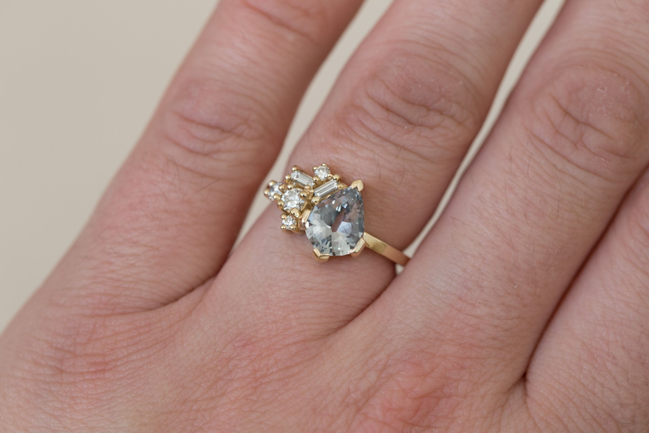 Altheda Ring | Grey Geometric Cut Sapphire + Diamond Cluster Engagement Ring 2.13 ct | 14k Recycled Gold | One of a Kind