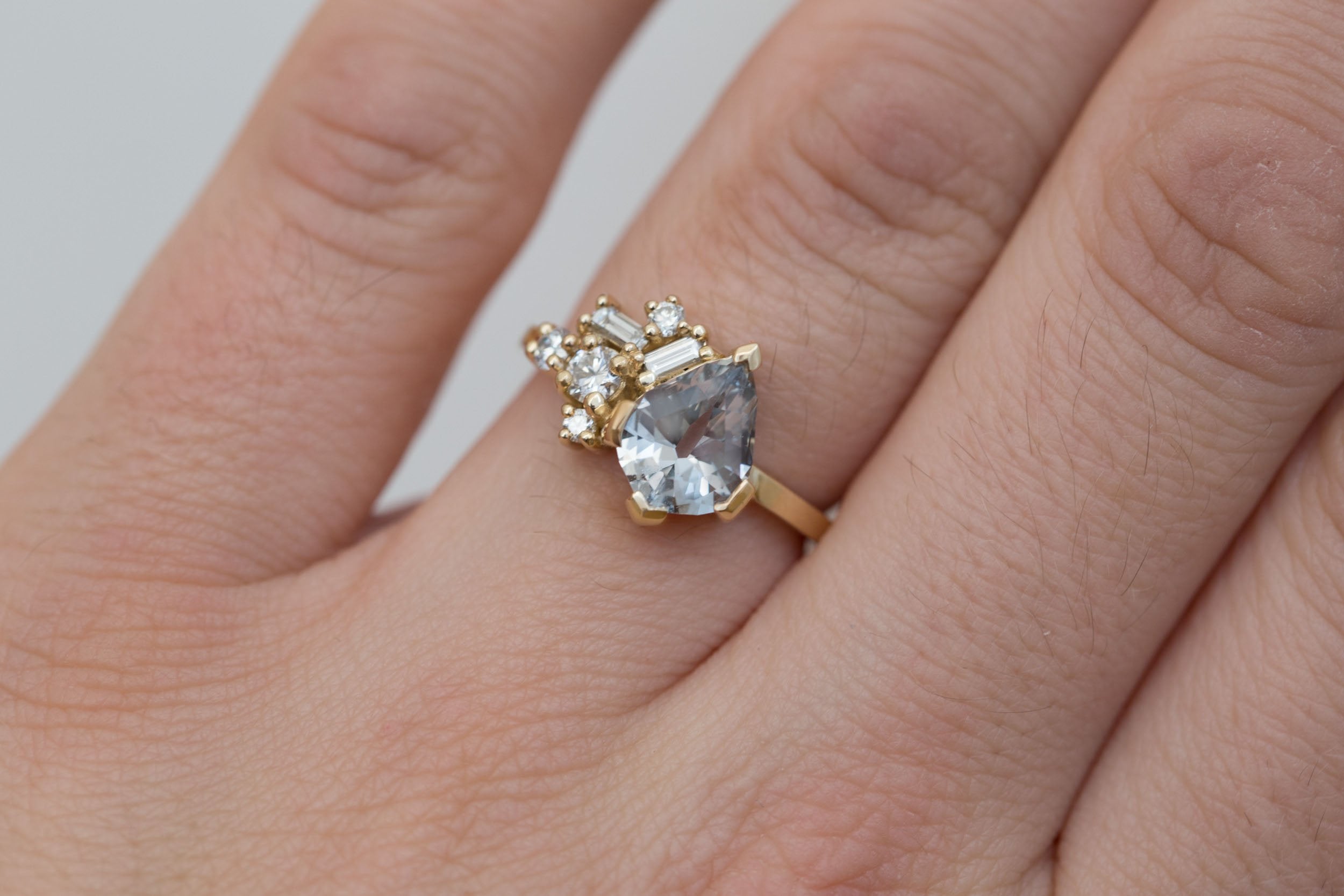 Altheda Ring | Grey Geometric Cut Sapphire + Diamond Cluster Engagement Ring 2.13 ct | 14k Recycled Gold | One of a Kind