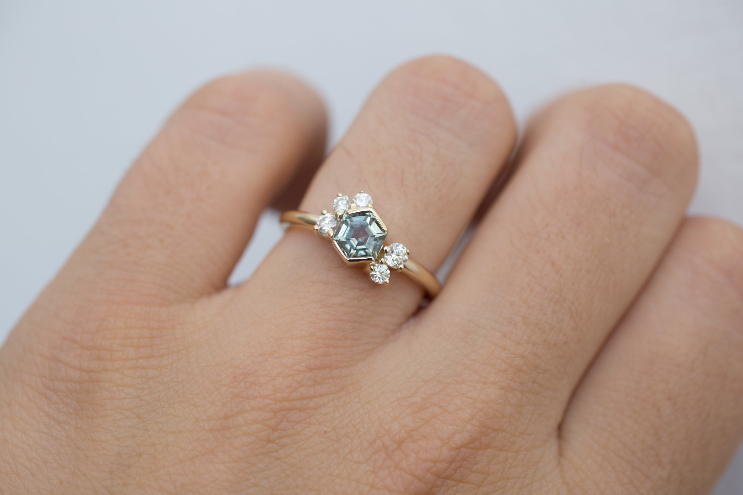 Montana Sapphire Hexagon + Diamond Cluster Engagement Ring | 14k Recycled Gold | One of a Kind
