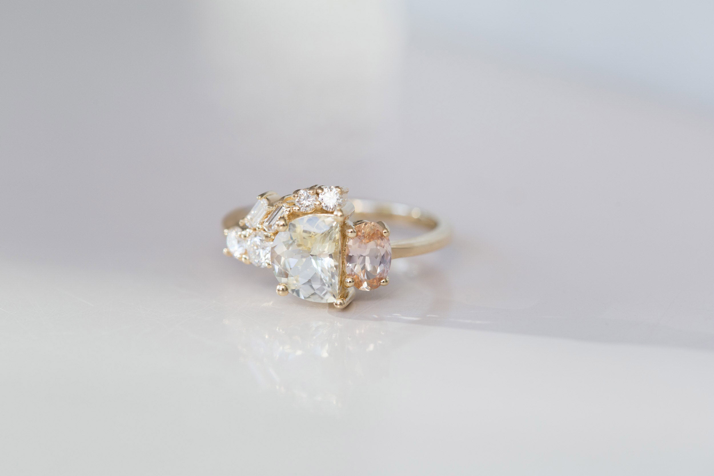 Half Moon Sapphire + Oval Apricot Sapphire + Diamond Baguette Arch Cluster Engagement Ring | 14k Recycled Gold | One of a Kind