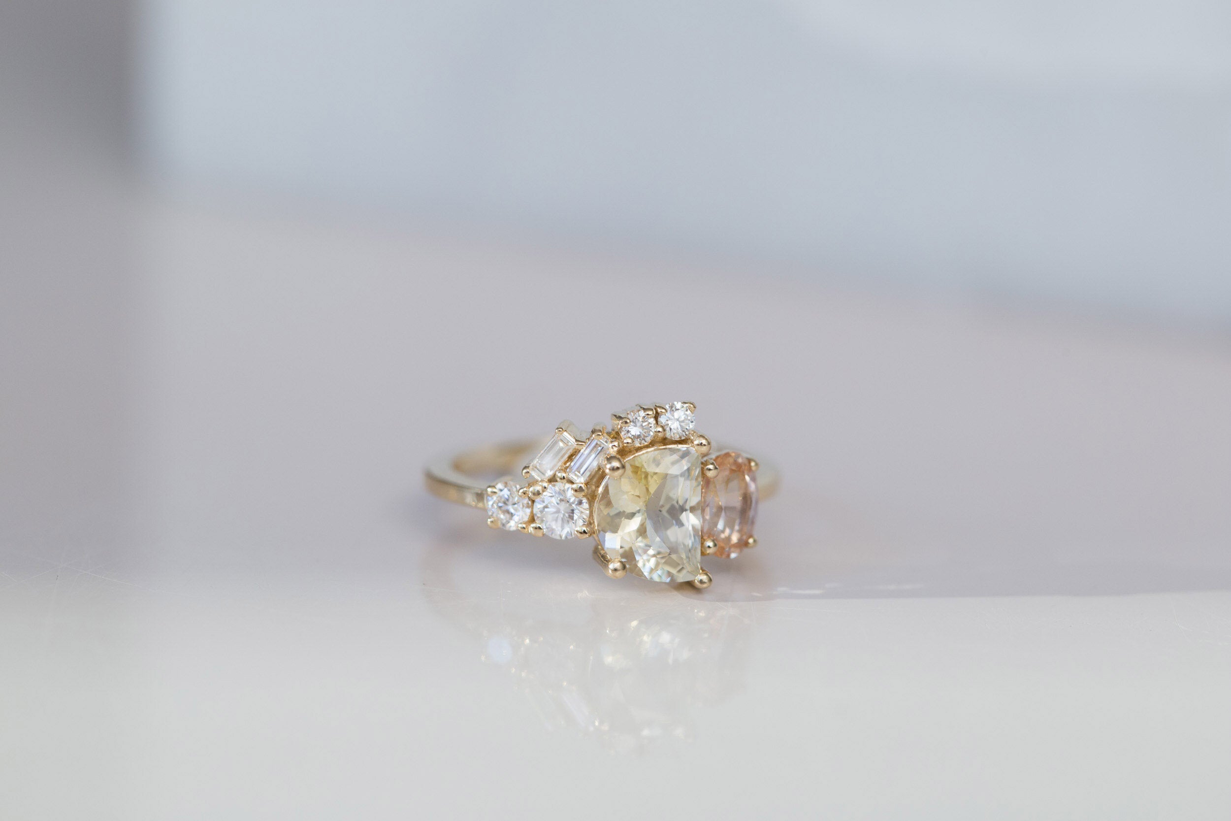 Half Moon Sapphire + Oval Apricot Sapphire + Diamond Baguette Arch Cluster Engagement Ring | 14k Recycled Gold | One of a Kind