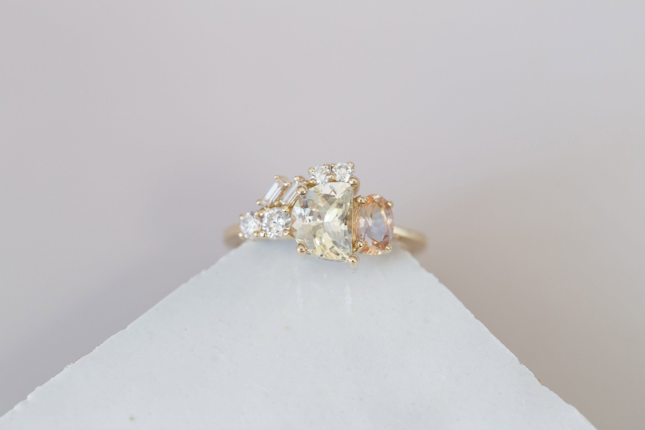 Half Moon Sapphire + Oval Apricot Sapphire + Diamond Baguette Arch Cluster Engagement Ring | 14k Recycled Gold | One of a Kind