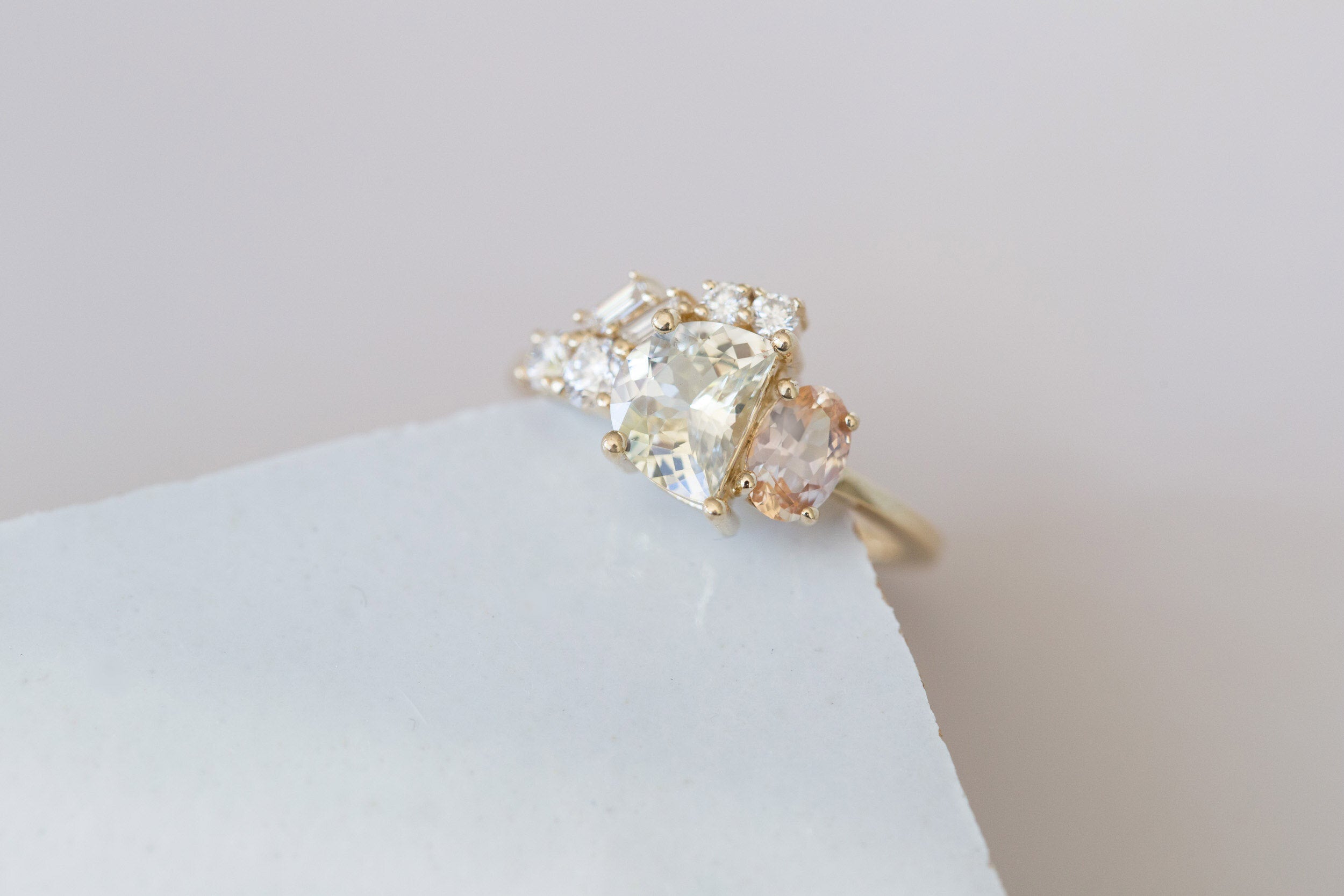 Half Moon Sapphire + Oval Apricot Sapphire + Diamond Baguette Arch Cluster Engagement Ring | 14k Recycled Gold | One of a Kind