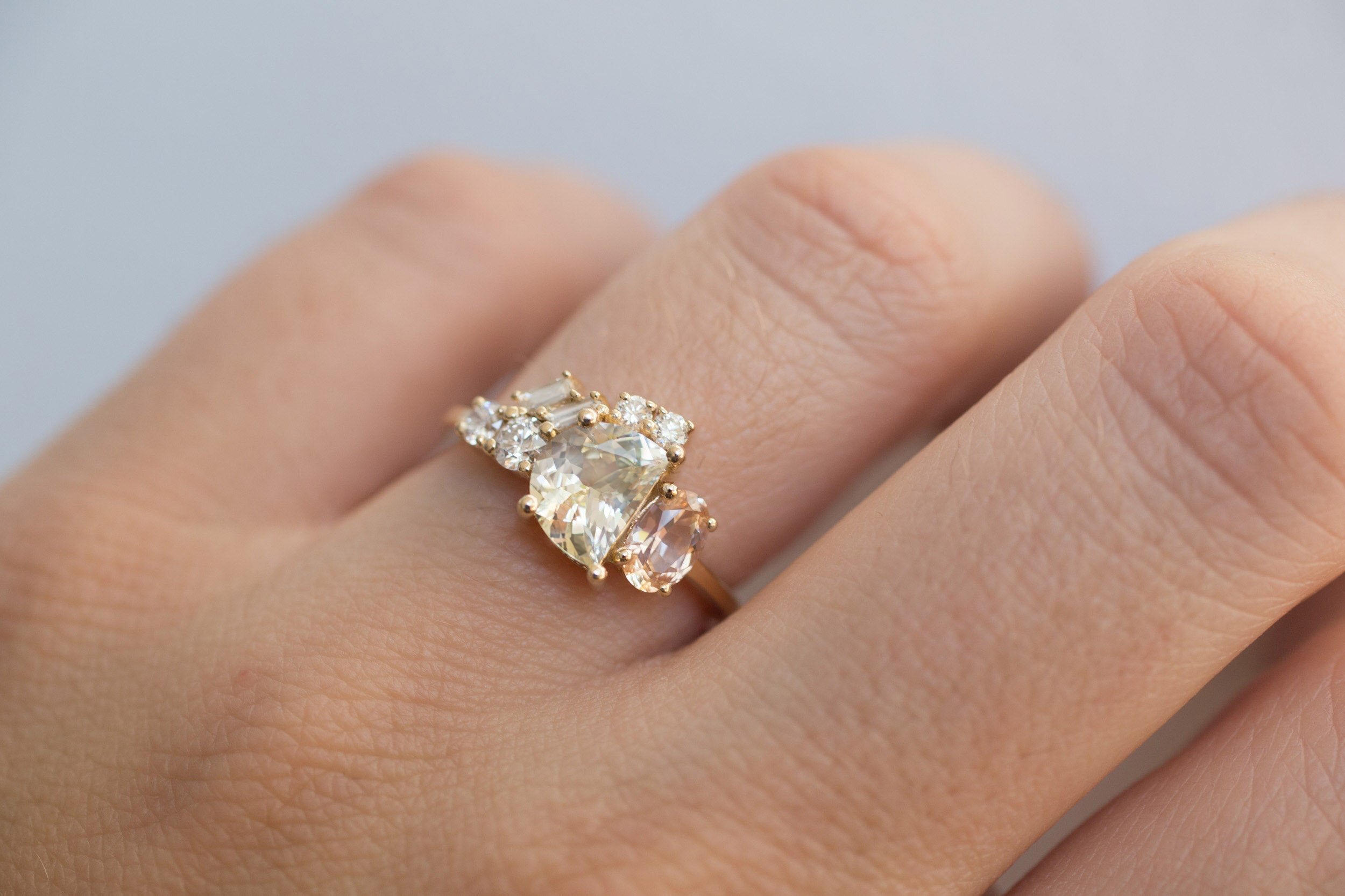 Half Moon Sapphire + Oval Apricot Sapphire + Diamond Baguette Arch Cluster Engagement Ring | 14k Recycled Gold | One of a Kind