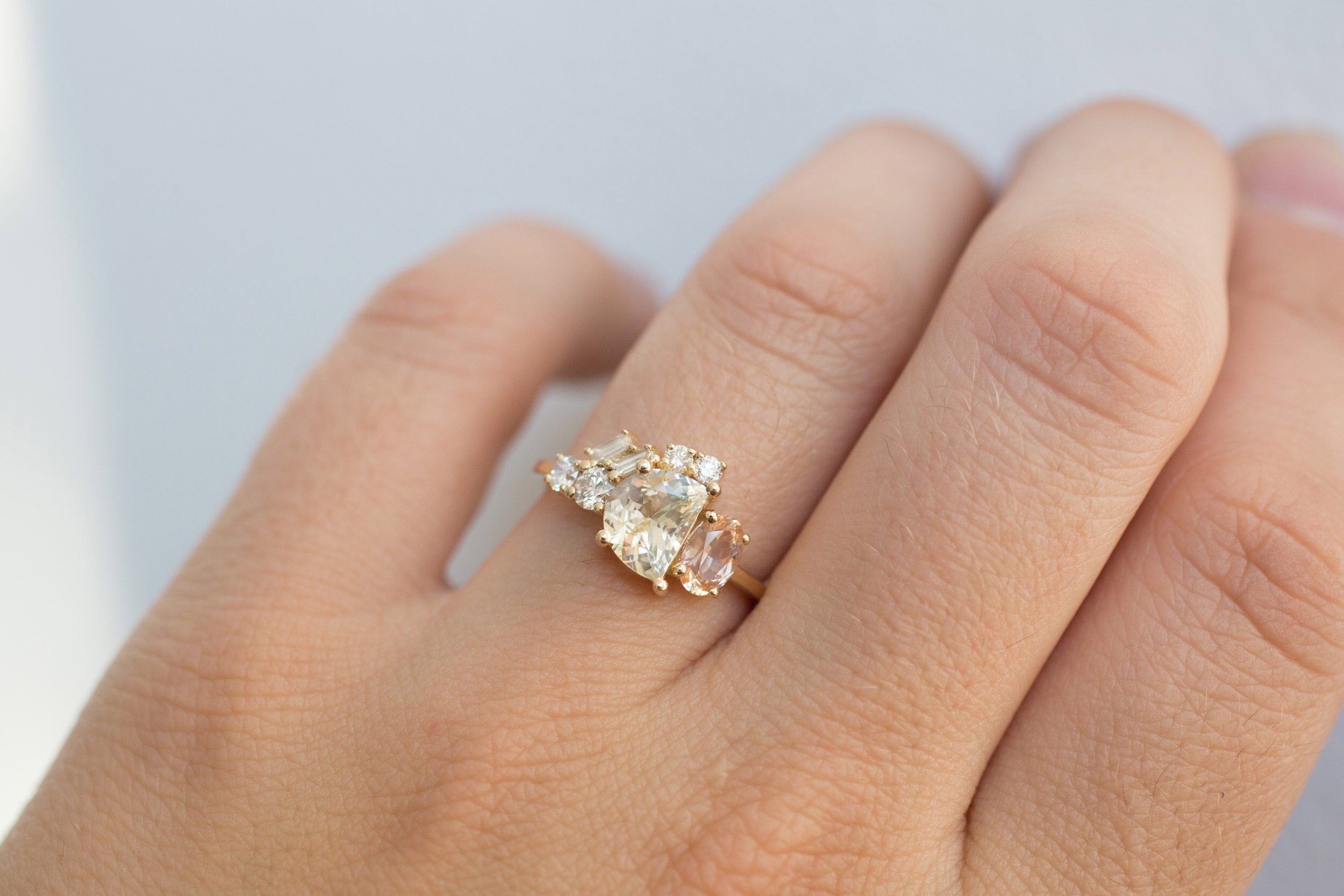 Half Moon Sapphire + Oval Apricot Sapphire + Diamond Baguette Arch Cluster Engagement Ring | 14k Recycled Gold | One of a Kind