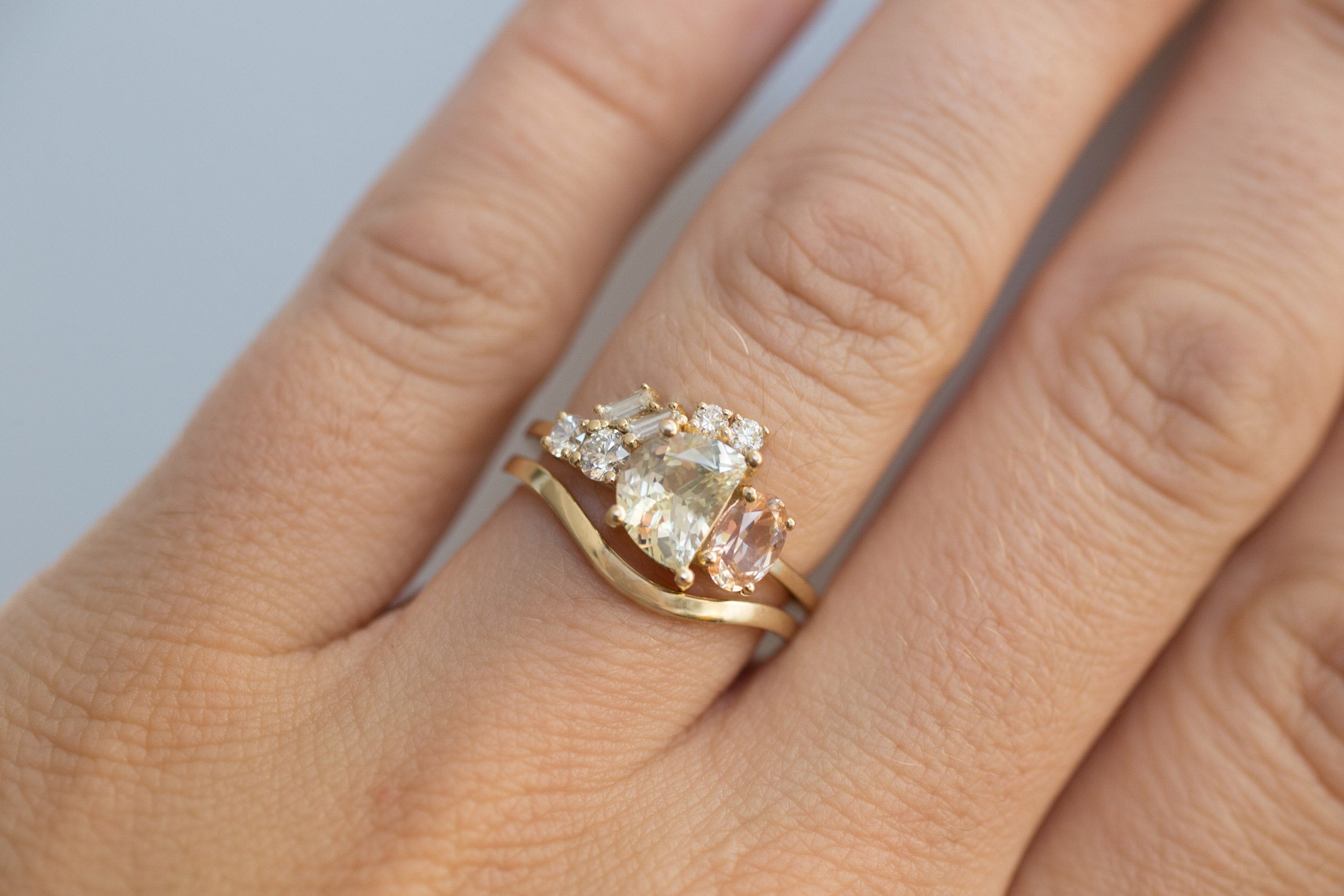 Half Moon Sapphire + Oval Apricot Sapphire + Diamond Baguette Arch Cluster Engagement Ring | 14k Recycled Gold | One of a Kind