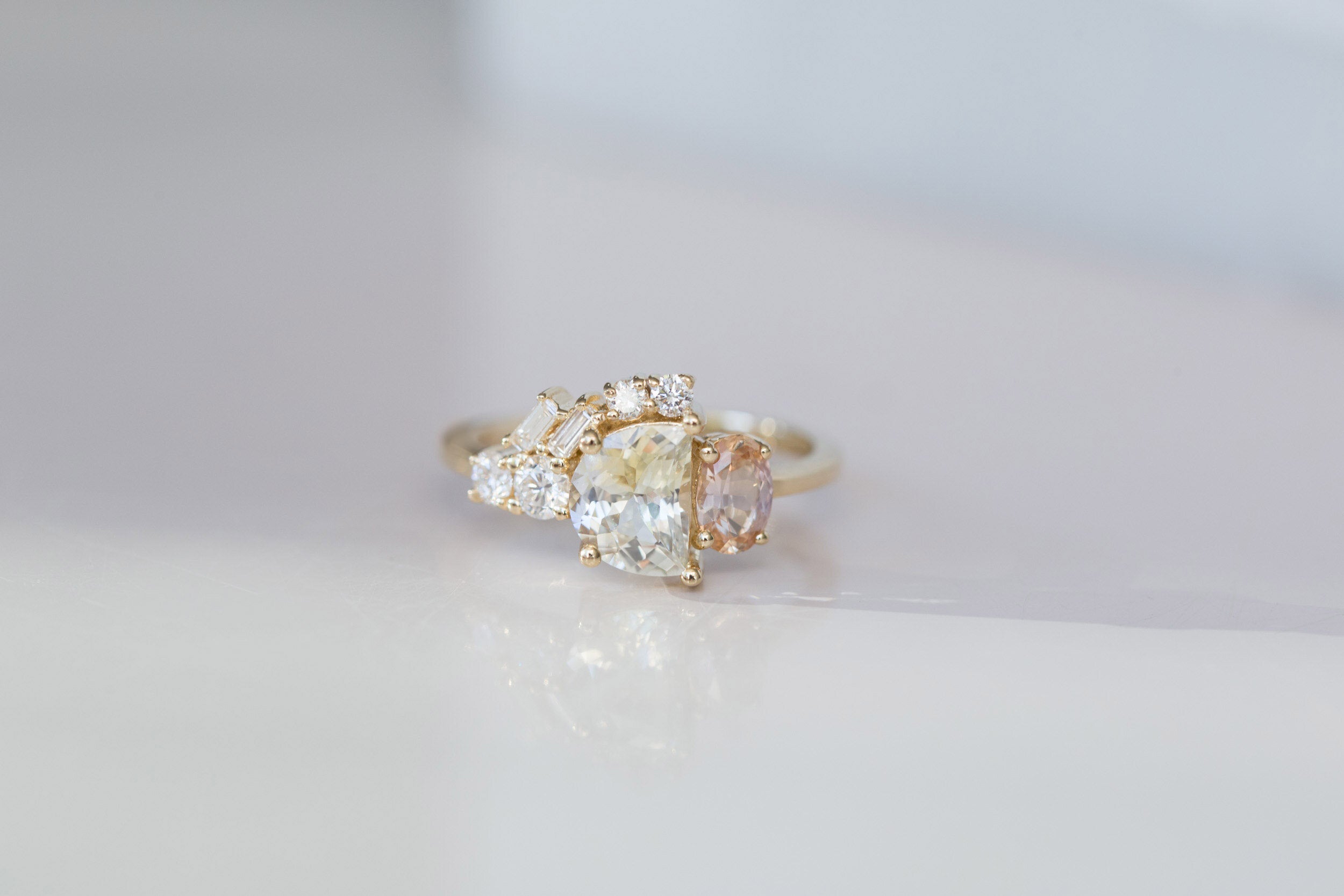 Half Moon Sapphire + Oval Apricot Sapphire + Diamond Baguette Arch Cluster Engagement Ring | 14k Recycled Gold | One of a Kind