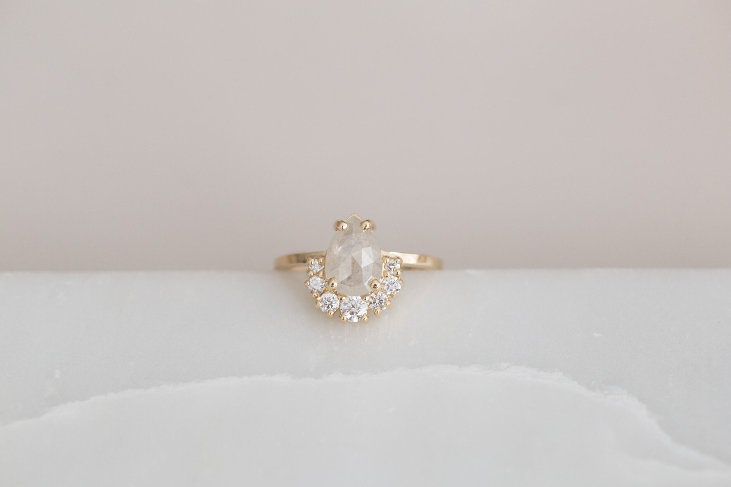 Laurel Ring | Opaque Silver Grey Pear Rose Cut Diamond + Diamond Cluster Engagement Ring | 14k Recycled Gold | One of a Kind
