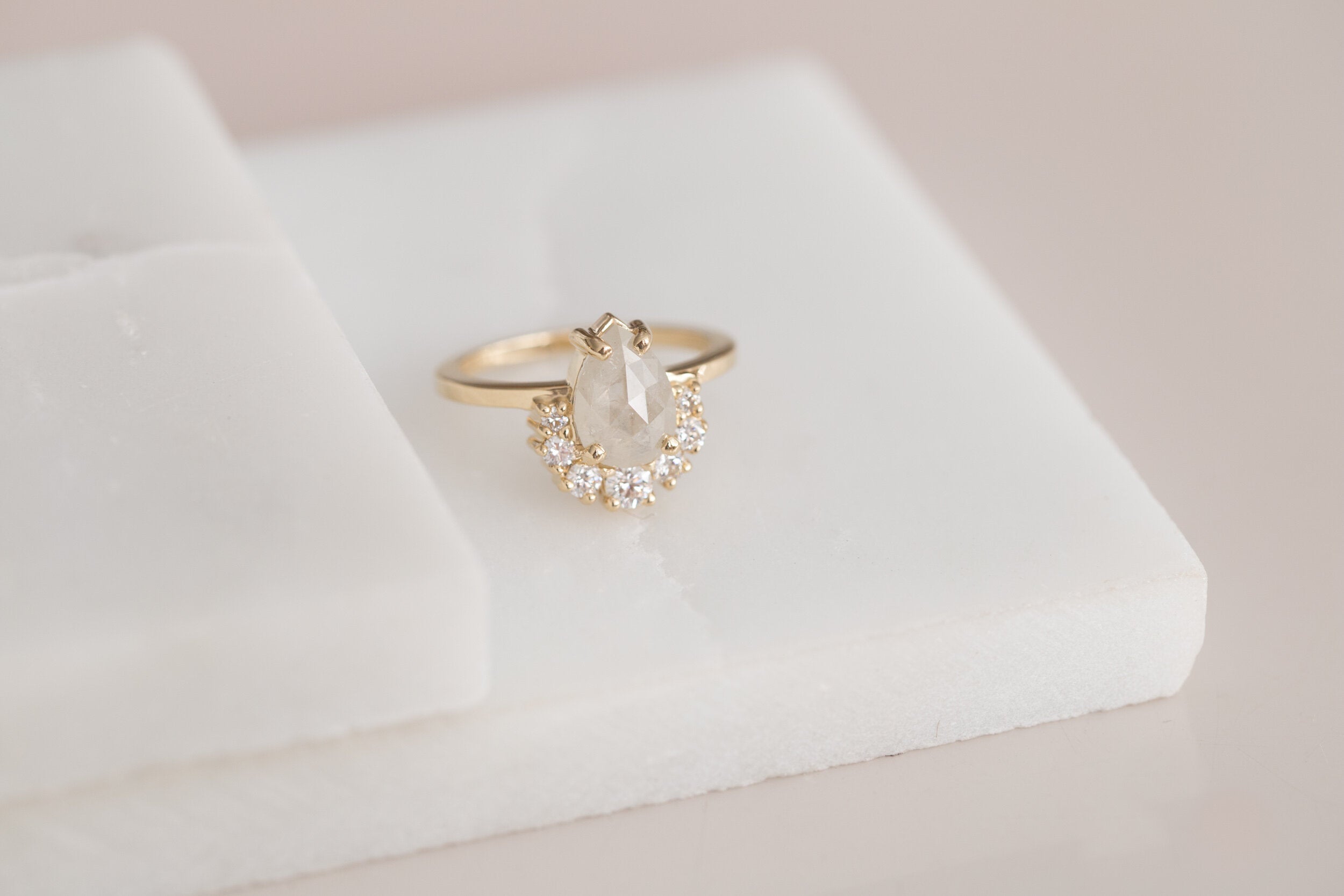 Laurel Ring | Opaque Silver Grey Pear Rose Cut Diamond + Diamond Cluster Engagement Ring | 14k Recycled Gold | One of a Kind