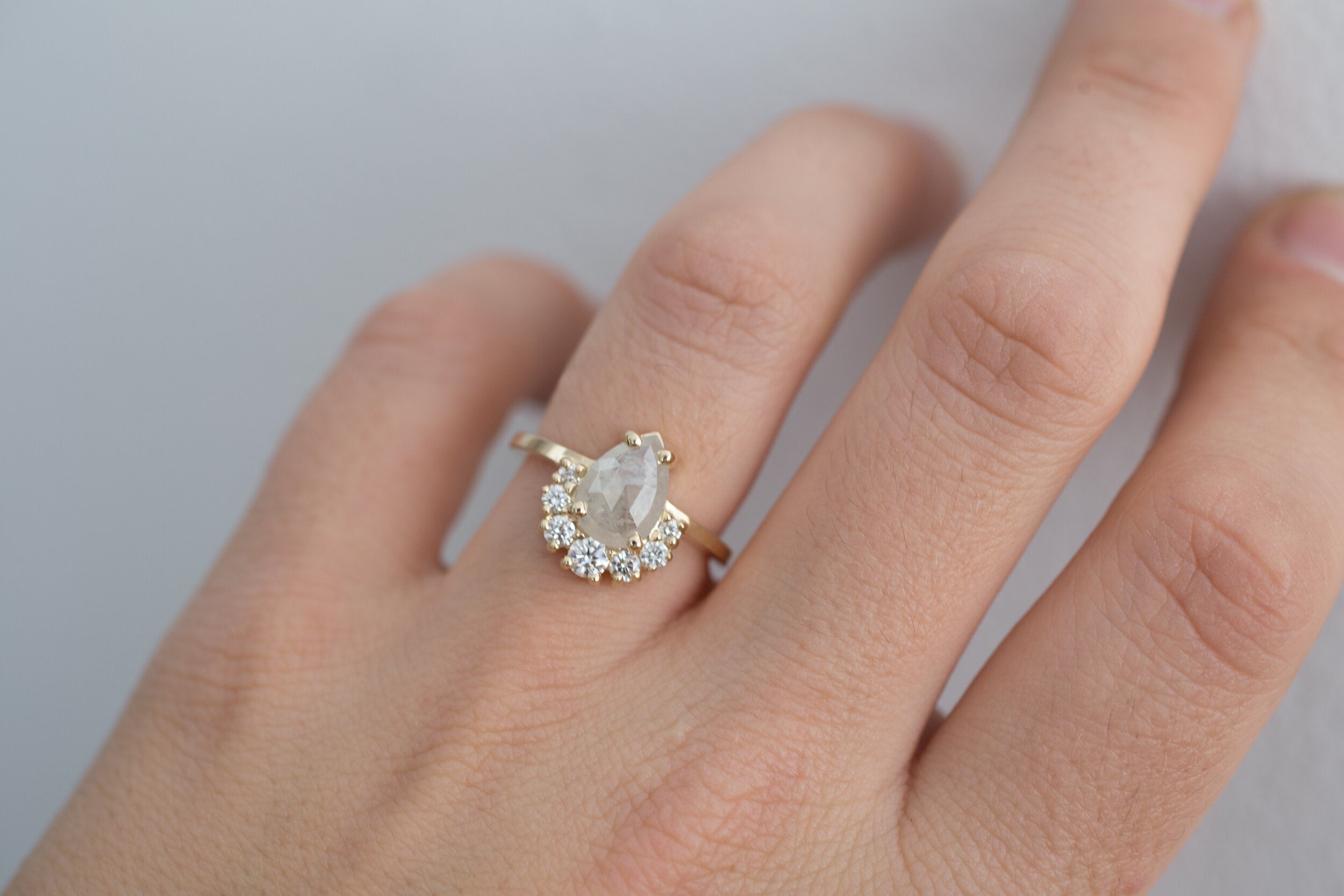 Laurel Ring | Opaque Silver Grey Pear Rose Cut Diamond + Diamond Cluster Engagement Ring | 14k Recycled Gold | One of a Kind