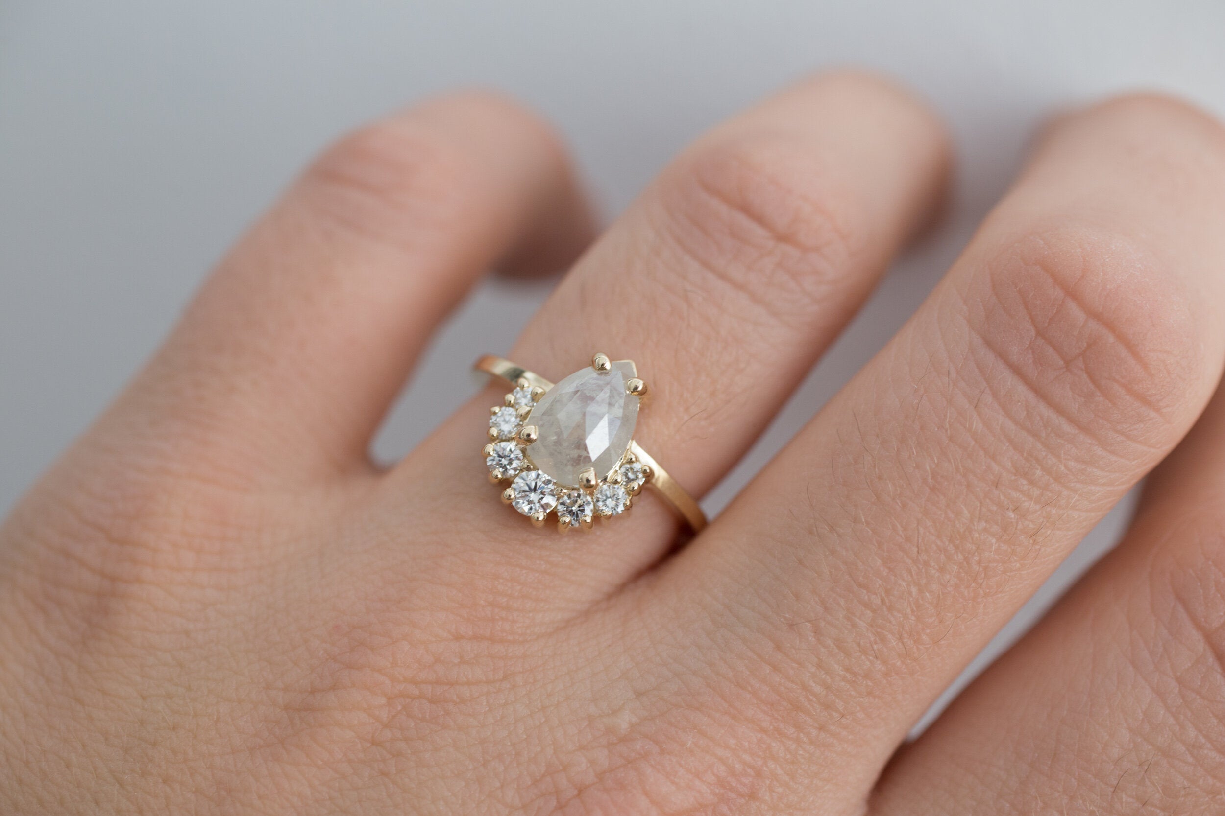 Laurel Ring | Opaque Silver Grey Pear Rose Cut Diamond + Diamond Cluster Engagement Ring | 14k Recycled Gold | One of a Kind