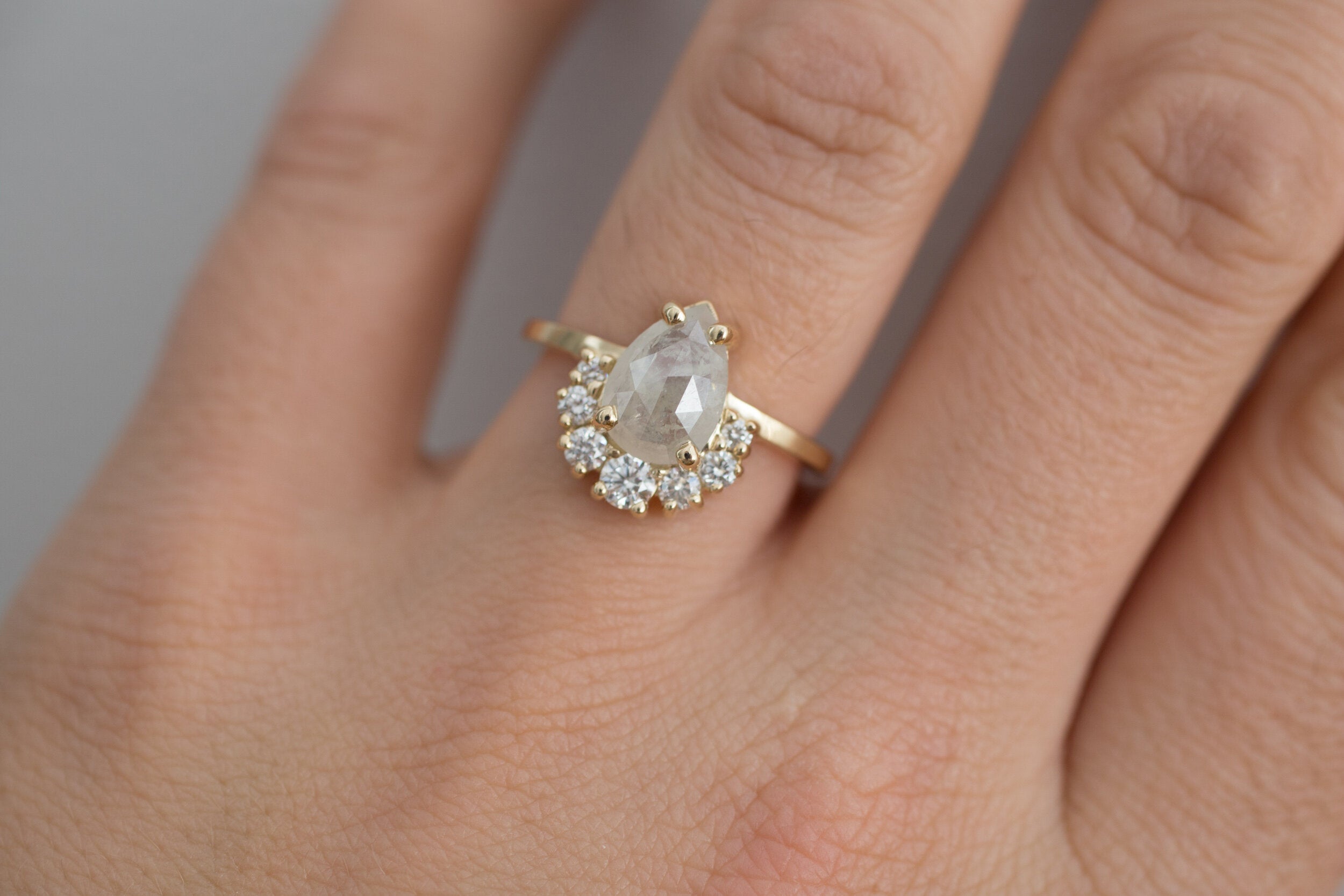 Laurel Ring | Opaque Silver Grey Pear Rose Cut Diamond + Diamond Cluster Engagement Ring | 14k Recycled Gold | One of a Kind