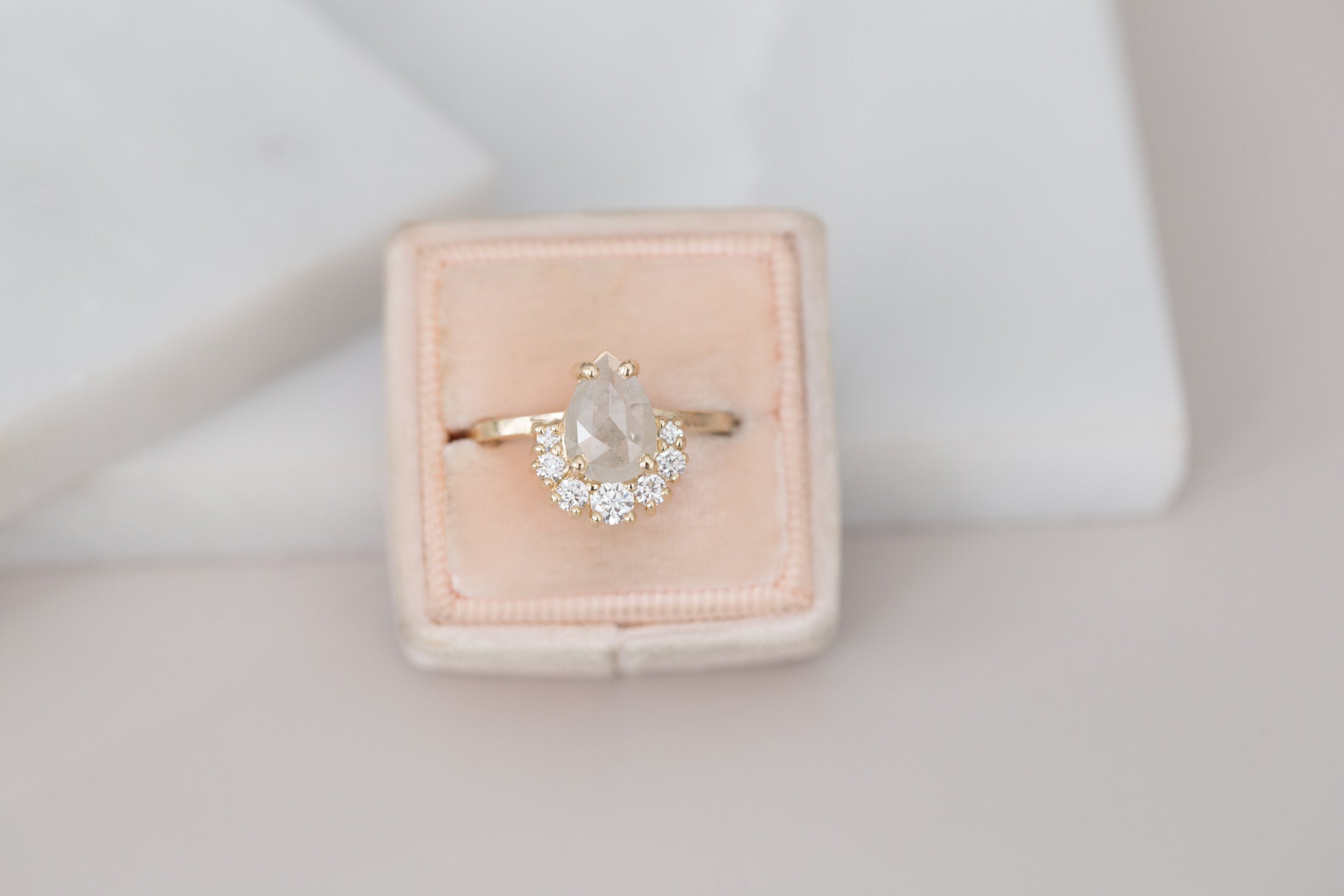 Laurel Ring | Opaque Silver Grey Pear Rose Cut Diamond + Diamond Cluster Engagement Ring | 14k Recycled Gold | One of a Kind