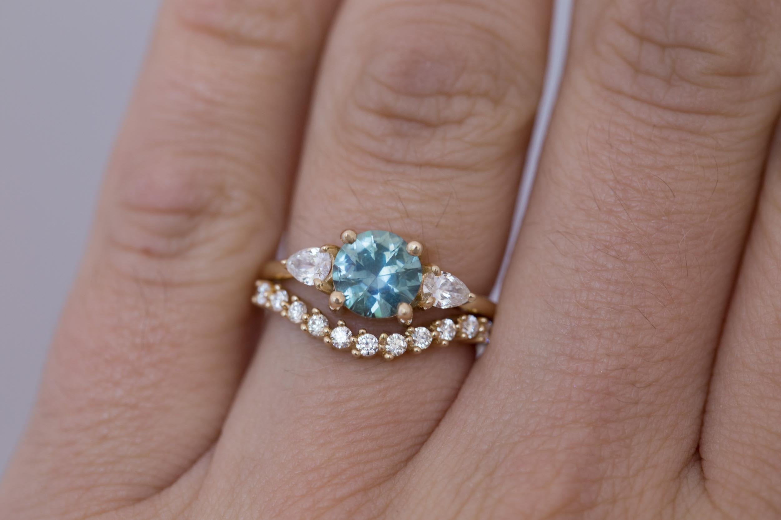 Iris Ring | Light Teal Montana Sapphire + Pear Diamond Accent Engagement Ring 1.42 ct | 14k Recycled Gold | One of a Kind