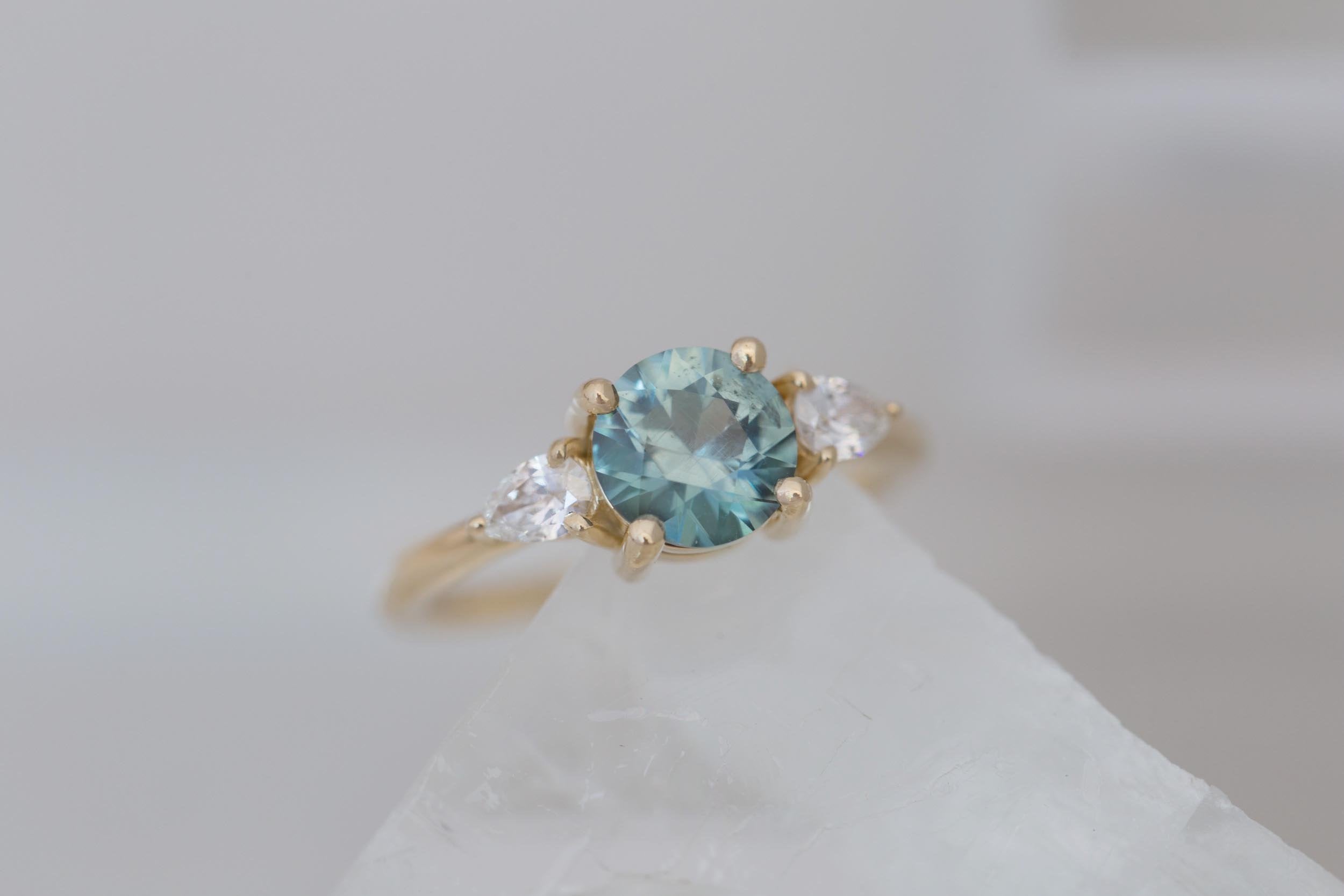 Iris Ring | Light Teal Montana Sapphire + Pear Diamond Accent Engagement Ring 1.42 ct | 14k Recycled Gold | One of a Kind