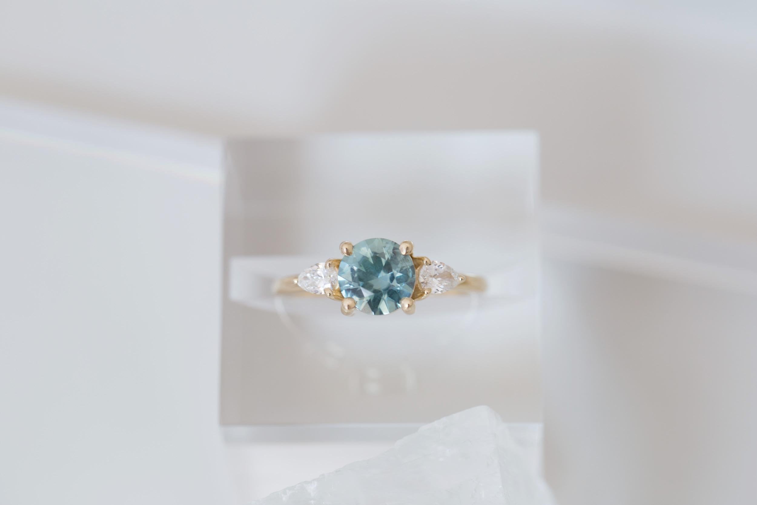 Iris Ring | Light Teal Montana Sapphire + Pear Diamond Accent Engagement Ring 1.42 ct | 14k Recycled Gold | One of a Kind