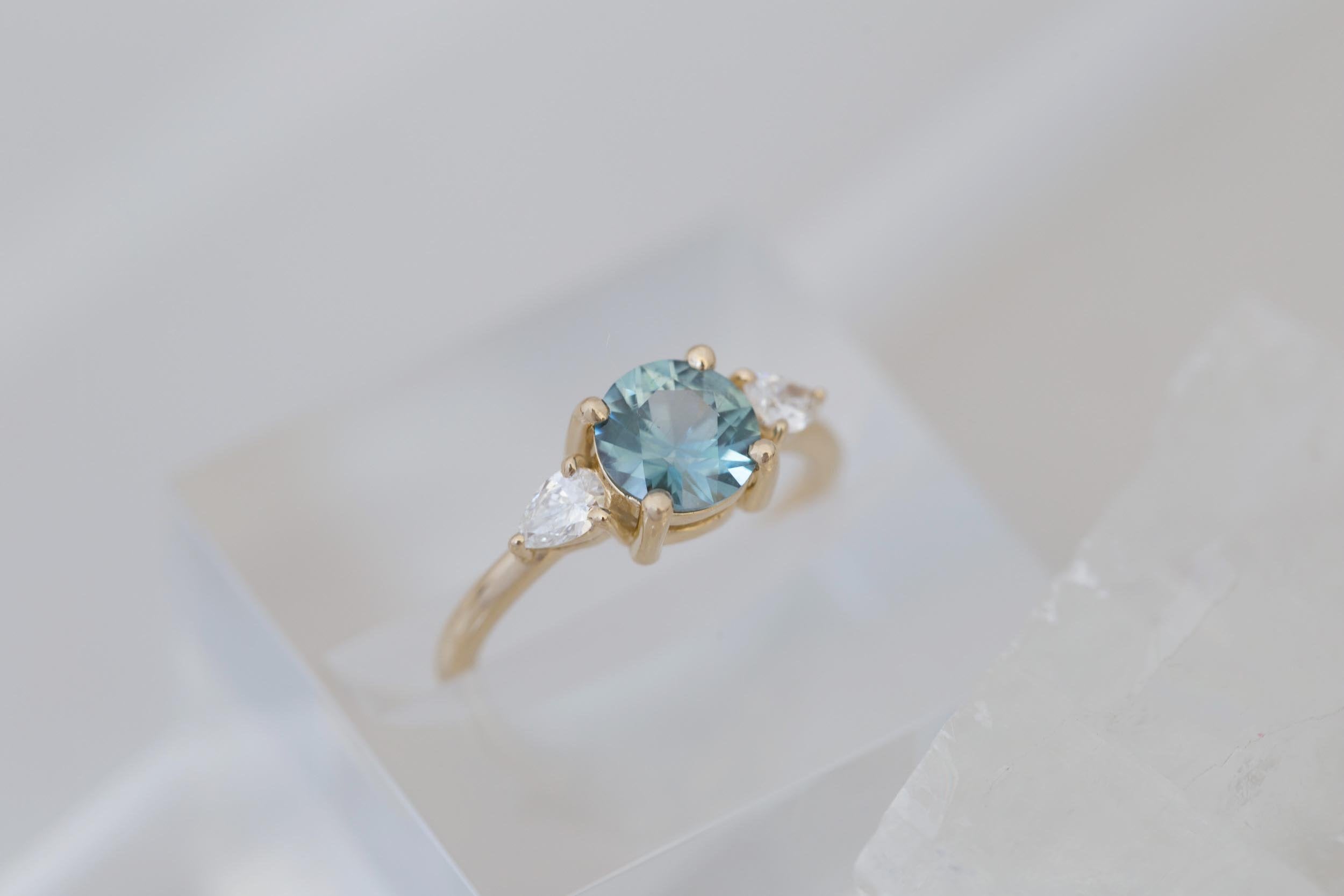 Iris Ring | Light Teal Montana Sapphire + Pear Diamond Accent Engagement Ring 1.42 ct | 14k Recycled Gold | One of a Kind