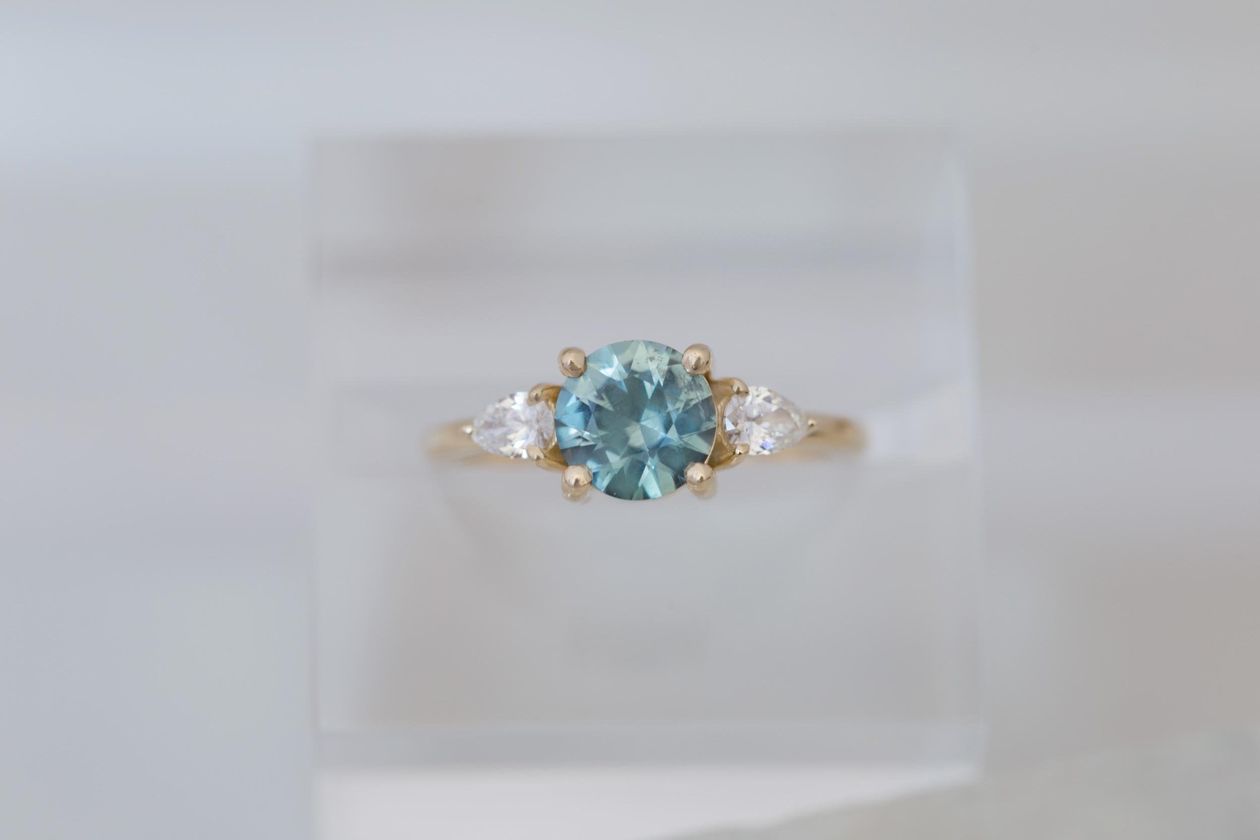 Iris Ring | Light Teal Montana Sapphire + Pear Diamond Accent Engagement Ring 1.42 ct | 14k Recycled Gold | One of a Kind
