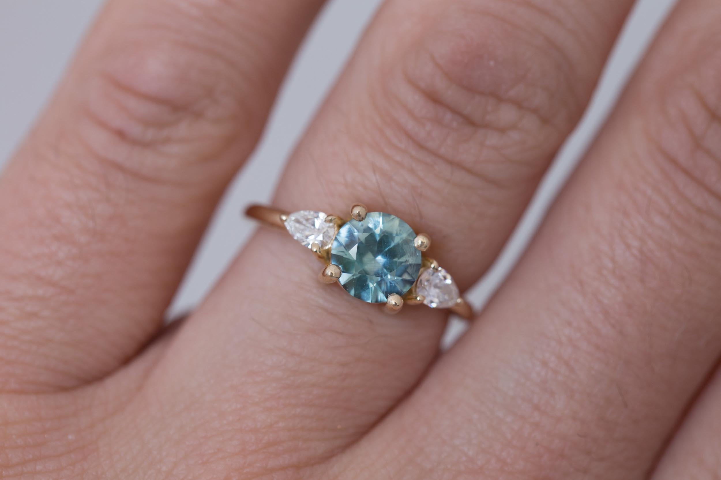 Iris Ring | Light Teal Montana Sapphire + Pear Diamond Accent Engagement Ring 1.42 ct | 14k Recycled Gold | One of a Kind
