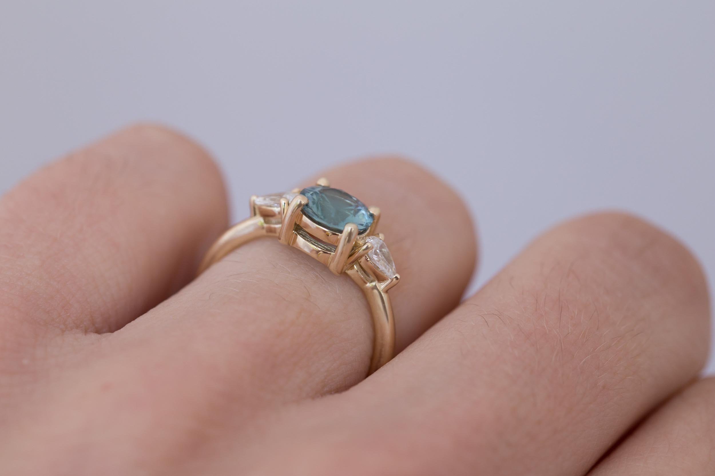 Iris Ring | Light Teal Montana Sapphire + Pear Diamond Accent Engagement Ring 1.42 ct | 14k Recycled Gold | One of a Kind