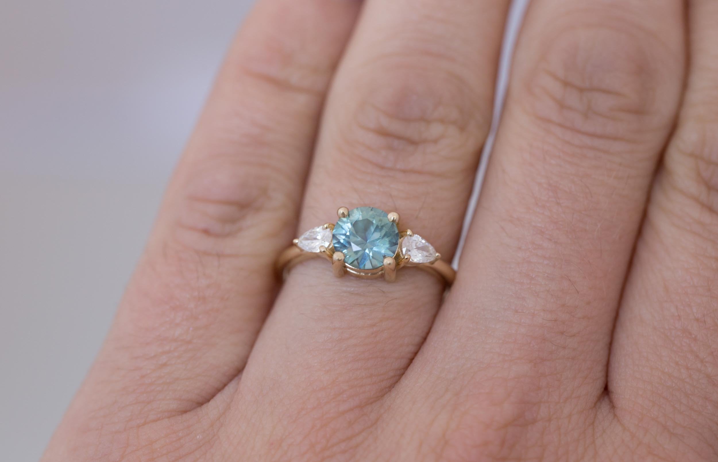 Iris Ring | Light Teal Montana Sapphire + Pear Diamond Accent Engagement Ring 1.42 ct | 14k Recycled Gold | One of a Kind