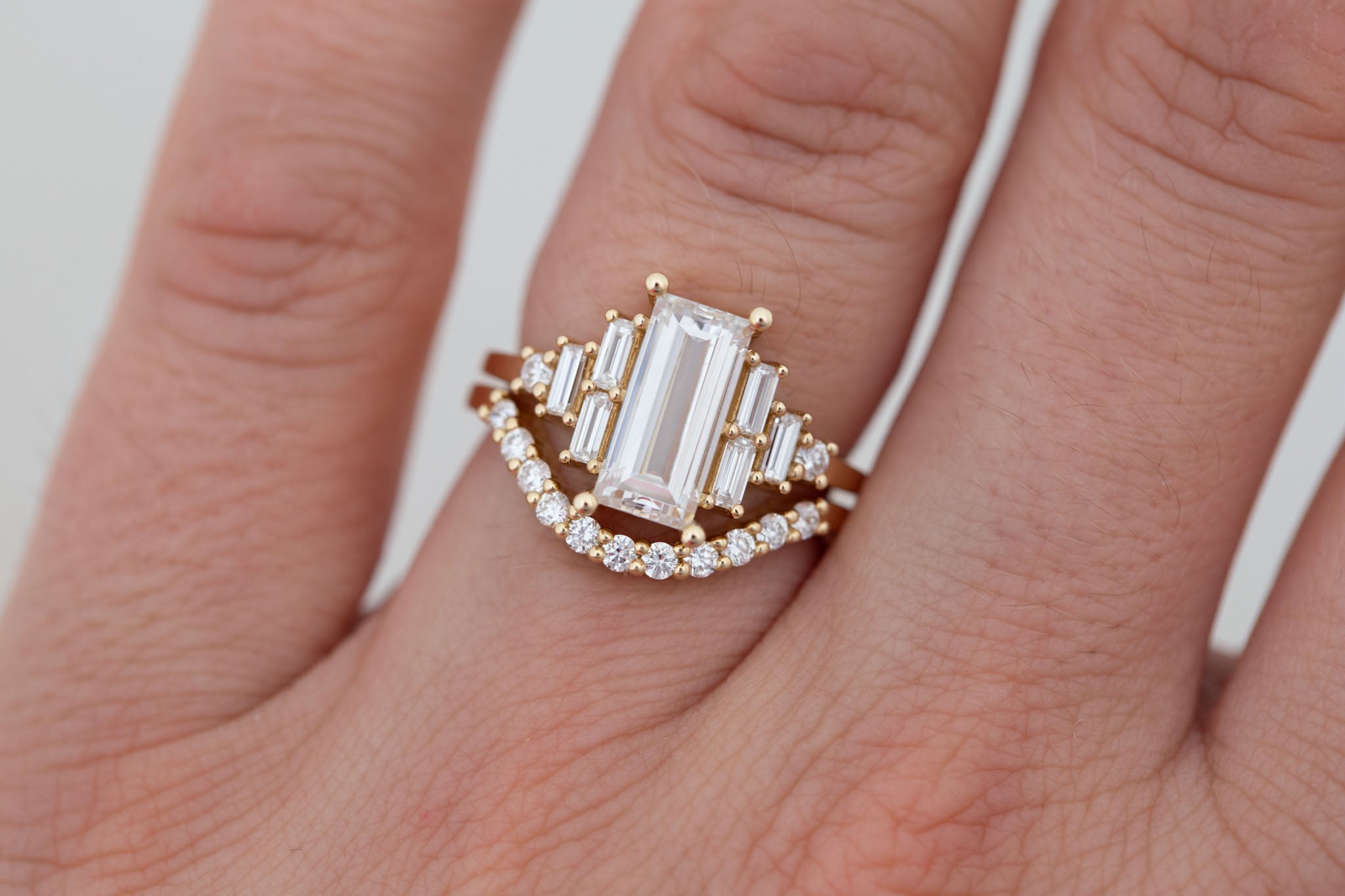 Delta Ring | Lab Baguette Cut Diamond + Diamond Cluster Engagement Ring 1.95 ct | 14k Recycled Gold | One of a Kind