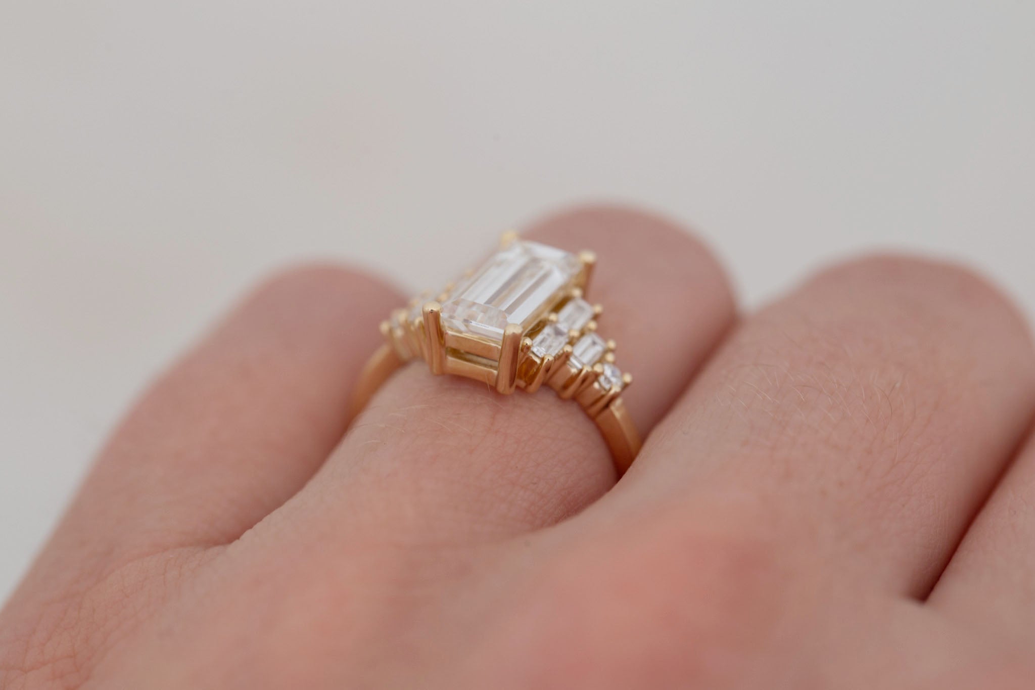 Delta Ring | Lab Baguette Cut Diamond + Diamond Cluster Engagement Ring 1.95 ct | 14k Recycled Gold | One of a Kind