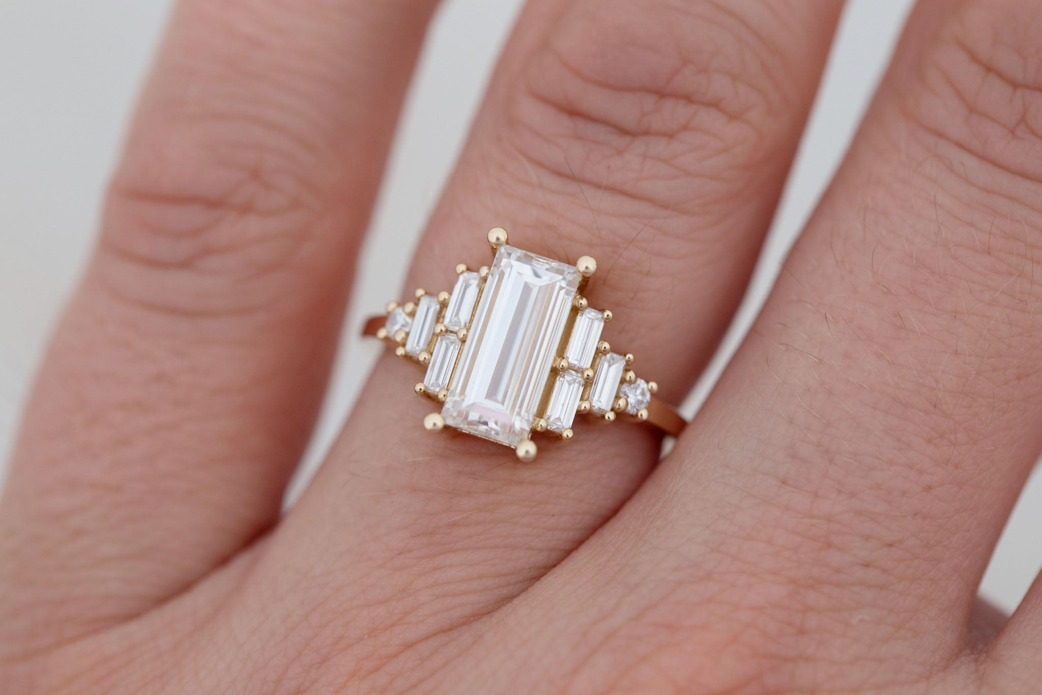 Delta Ring | Lab Baguette Cut Diamond + Diamond Cluster Engagement Ring 1.95 ct | 14k Recycled Gold | One of a Kind