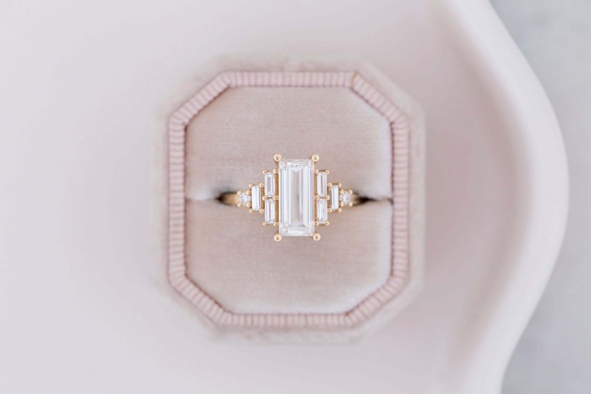 Delta Ring | Lab Baguette Cut Diamond + Diamond Cluster Engagement Ring 1.95 ct | 14k Recycled Gold | One of a Kind