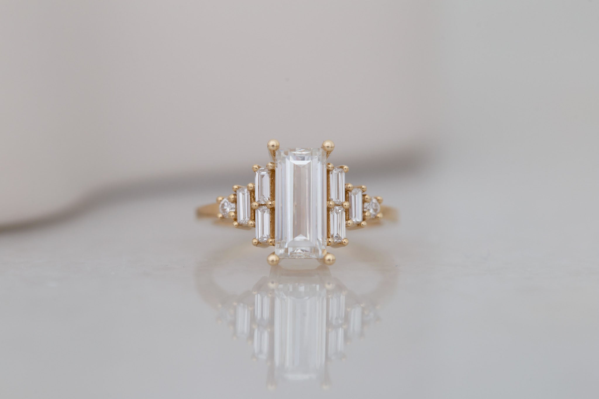 Delta Ring | Lab Baguette Cut Diamond + Diamond Cluster Engagement Ring 1.95 ct | 14k Recycled Gold | One of a Kind