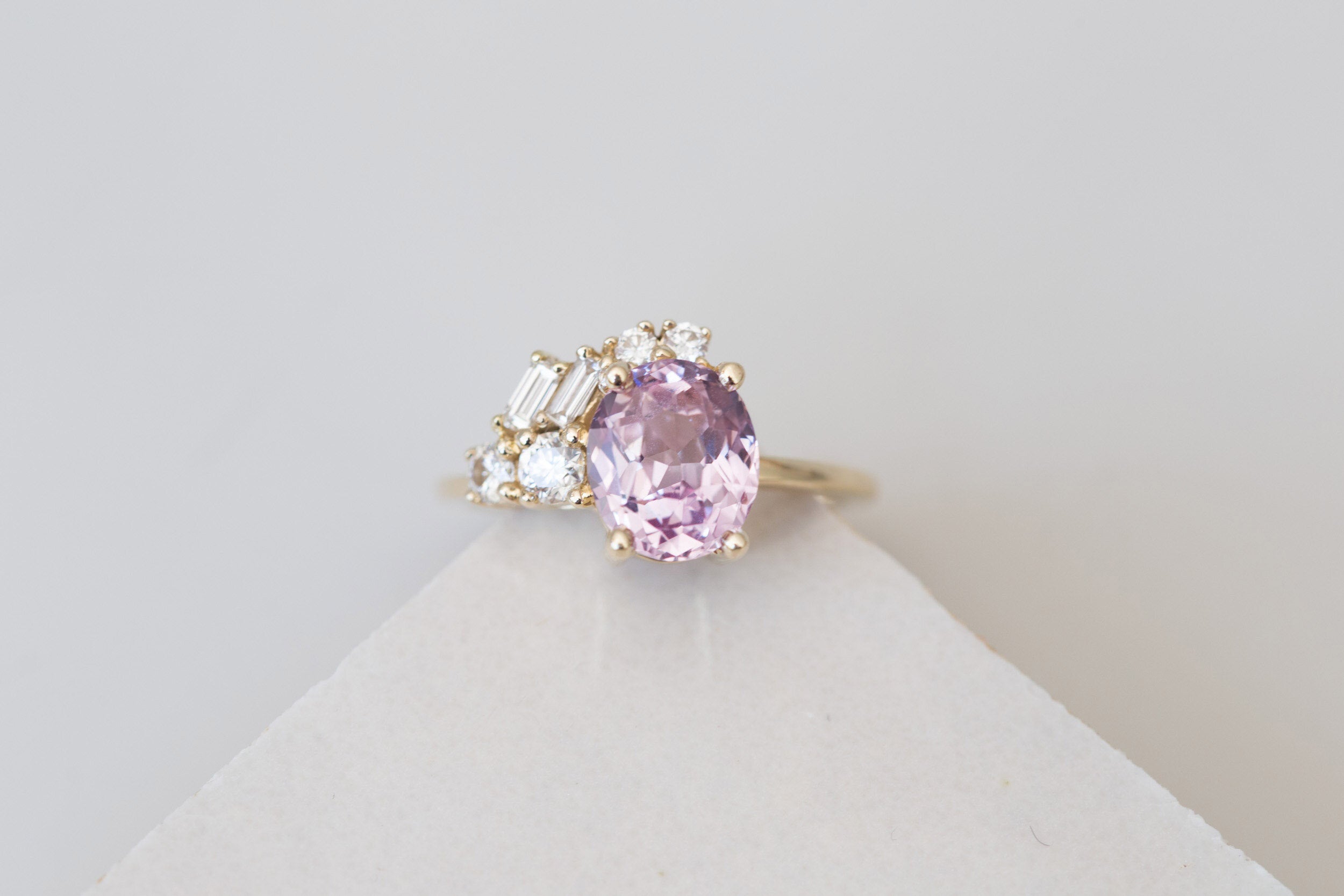 Iolanthe Ring | Pale Magenta Oval Sapphire + Diamond Baguette Arch Cluster Engagement Ring | 14k Recycled Gold | One of a Kind