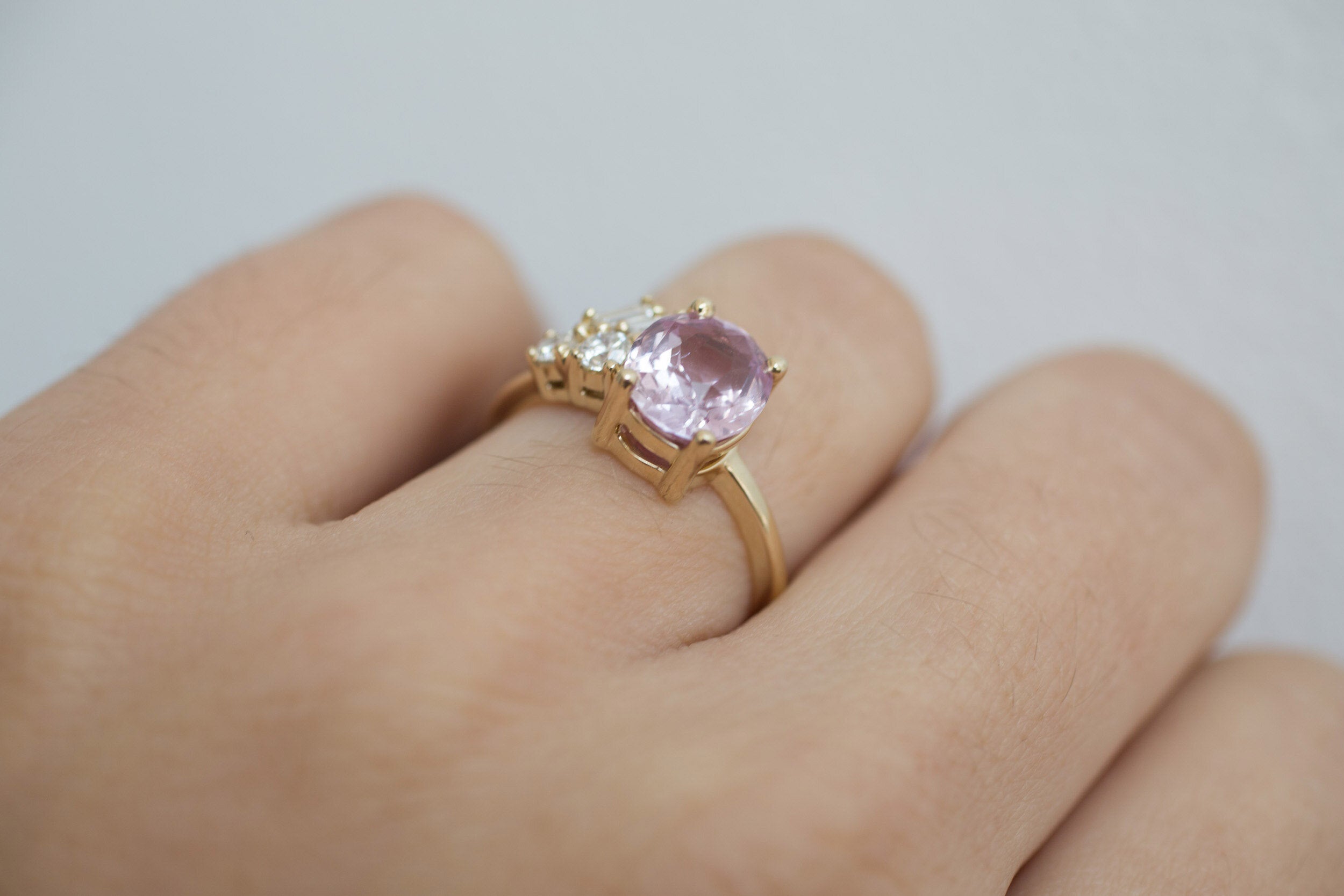 Iolanthe Ring | Pale Magenta Oval Sapphire + Diamond Baguette Arch Cluster Engagement Ring | 14k Recycled Gold | One of a Kind