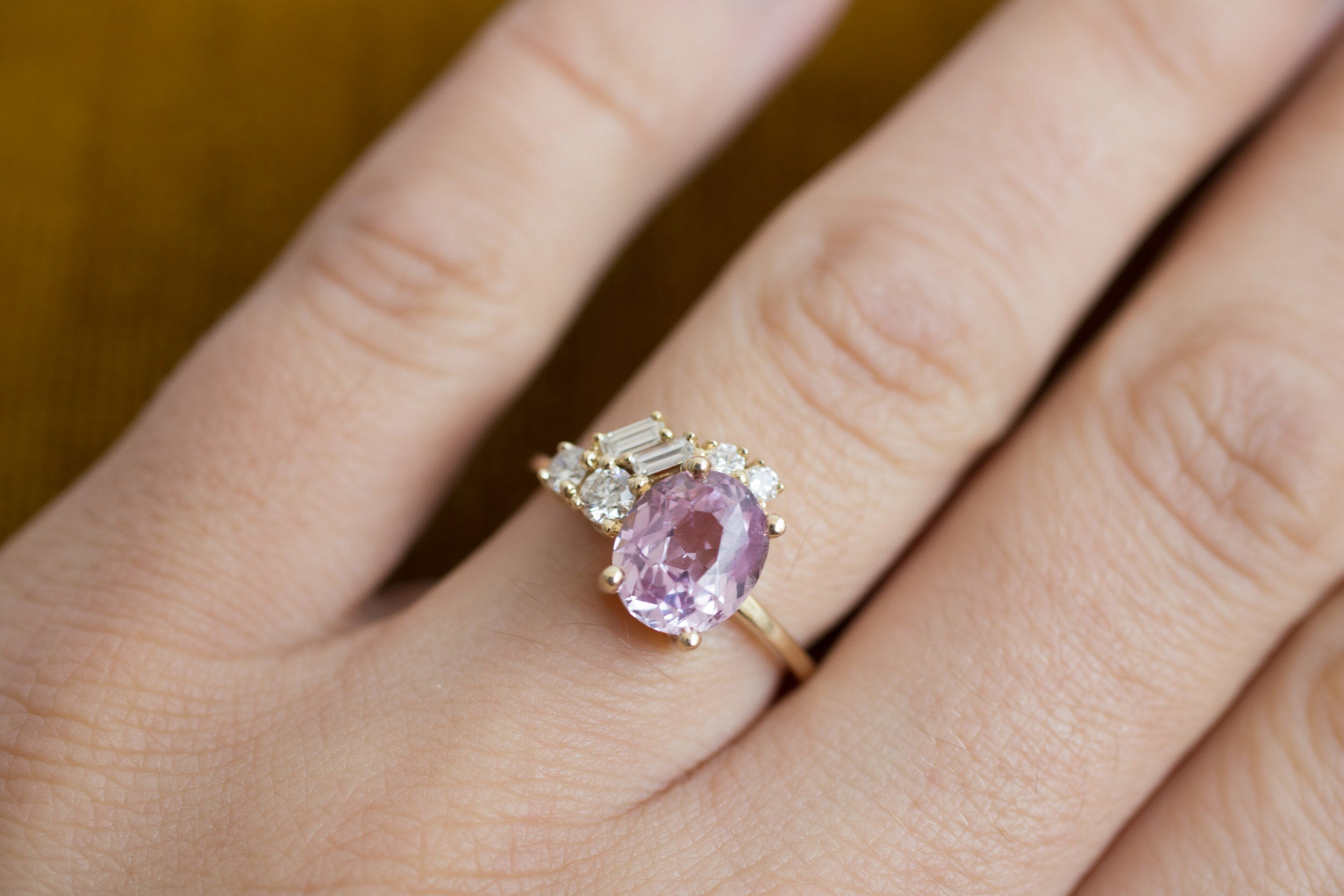 Iolanthe Ring | Pale Magenta Oval Sapphire + Diamond Baguette Arch Cluster Engagement Ring | 14k Recycled Gold | One of a Kind