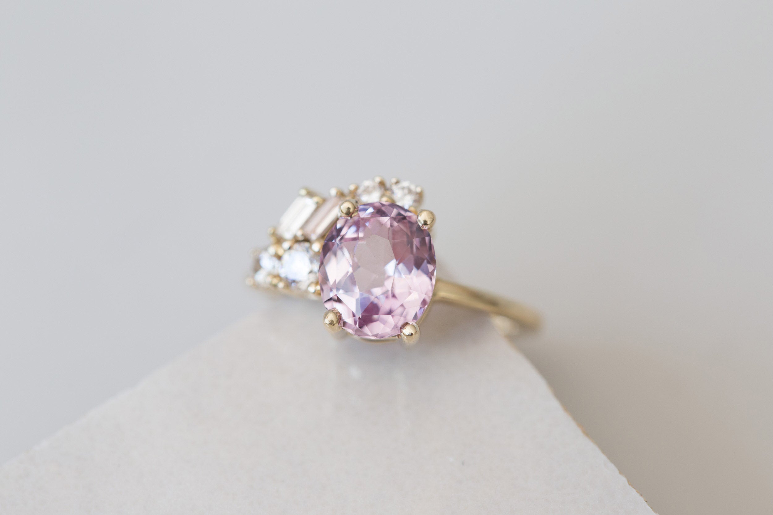 Iolanthe Ring | Pale Magenta Oval Sapphire + Diamond Baguette Arch Cluster Engagement Ring | 14k Recycled Gold | One of a Kind