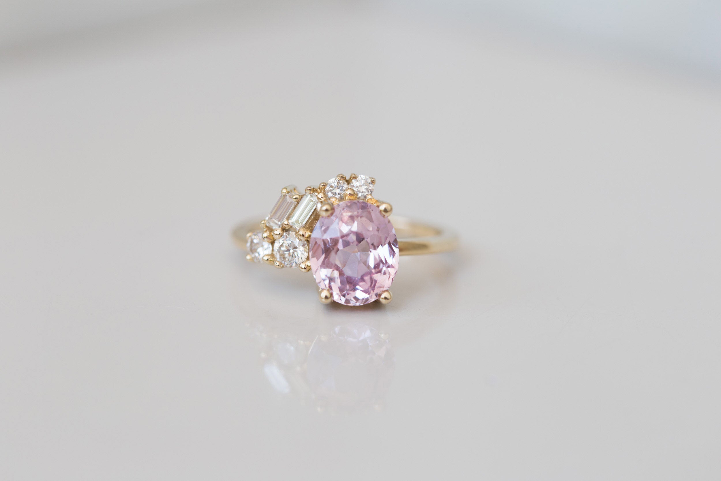 Iolanthe Ring | Pale Magenta Oval Sapphire + Diamond Baguette Arch Cluster Engagement Ring | 14k Recycled Gold | One of a Kind