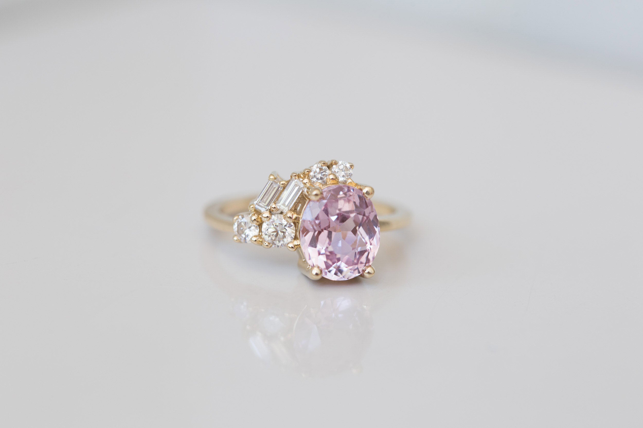 Iolanthe Ring | Pale Magenta Oval Sapphire + Diamond Baguette Arch Cluster Engagement Ring | 14k Recycled Gold | One of a Kind