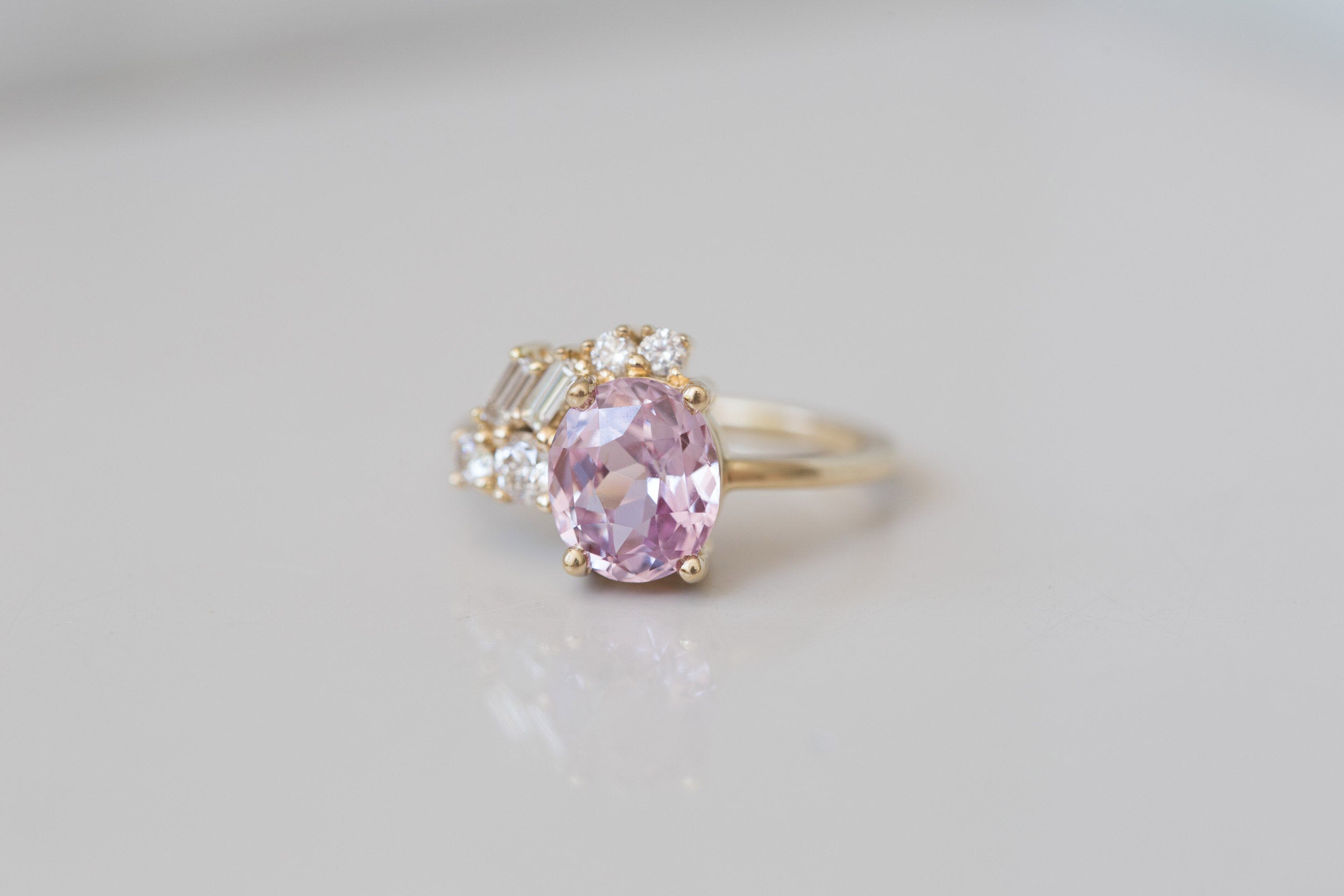 Iolanthe Ring | Pale Magenta Oval Sapphire + Diamond Baguette Arch Cluster Engagement Ring | 14k Recycled Gold | One of a Kind