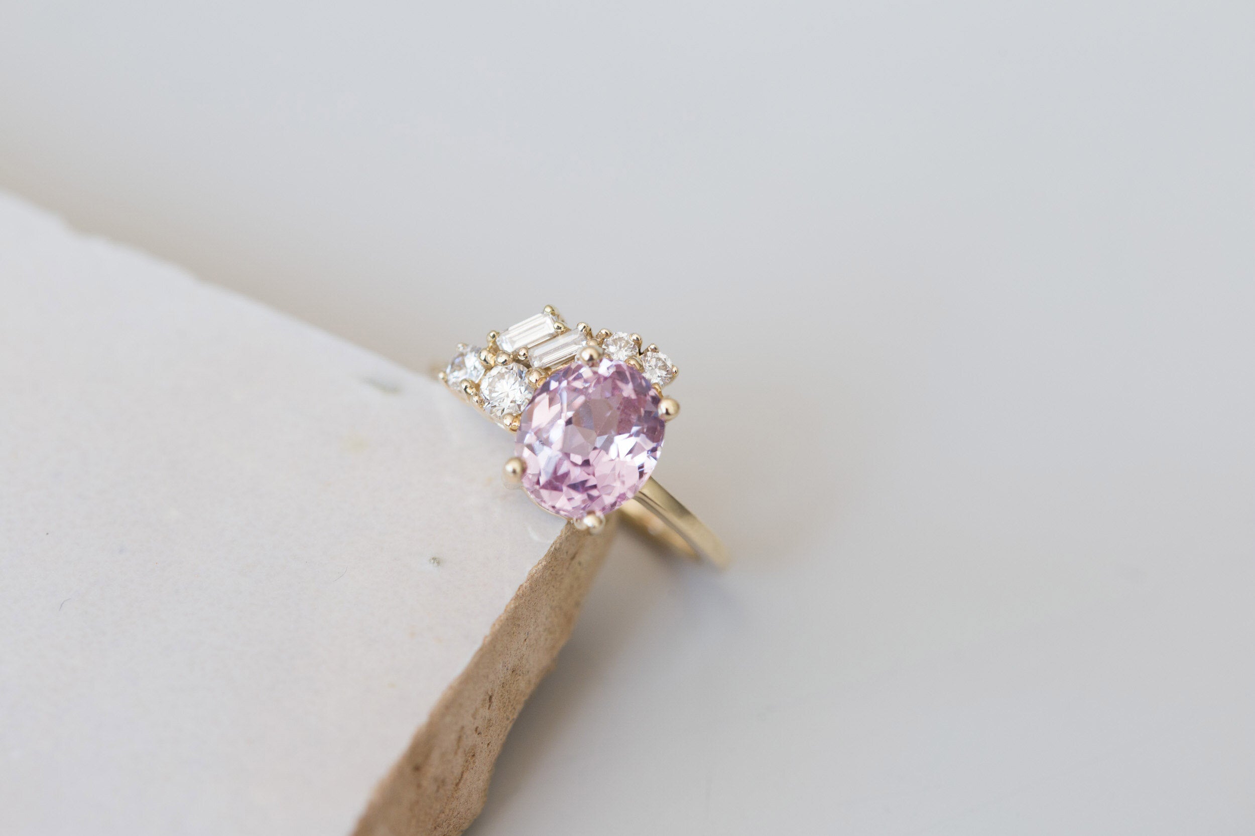 Iolanthe Ring | Pale Magenta Oval Sapphire + Diamond Baguette Arch Cluster Engagement Ring | 14k Recycled Gold | One of a Kind