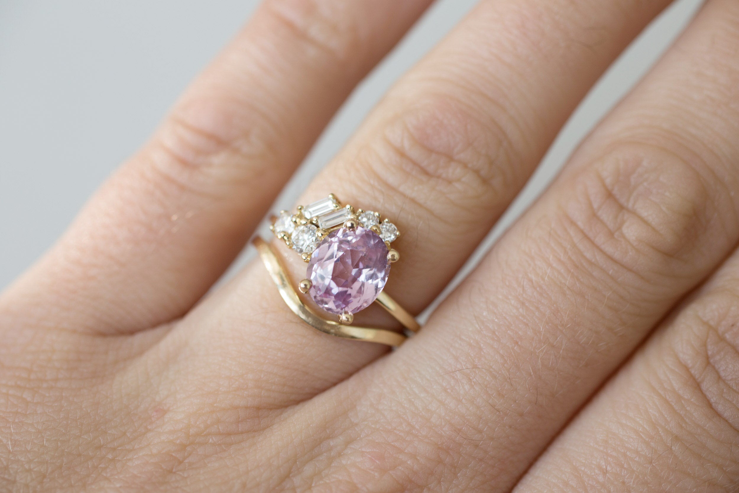 Iolanthe Ring | Pale Magenta Oval Sapphire + Diamond Baguette Arch Cluster Engagement Ring | 14k Recycled Gold | One of a Kind