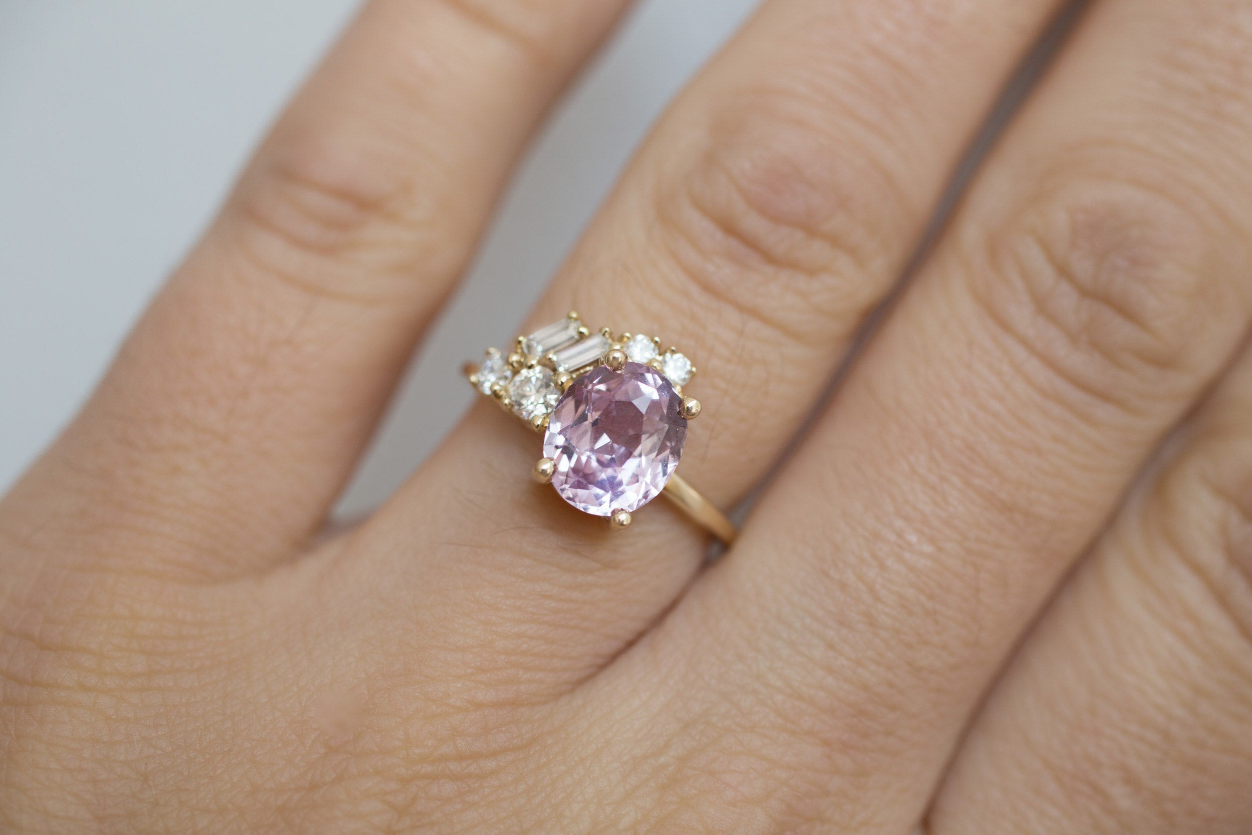 Iolanthe Ring | Pale Magenta Oval Sapphire + Diamond Baguette Arch Cluster Engagement Ring | 14k Recycled Gold | One of a Kind