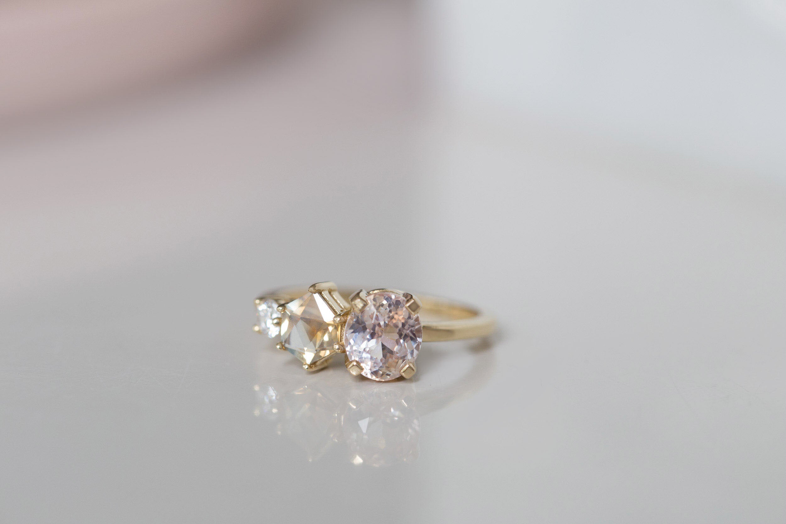 Lavender Oval Sapphire + Geocut Montana Sapphire + Diamond Cluster Engagement Ring | 14k Recycled Yellow Gold | One of a Kind