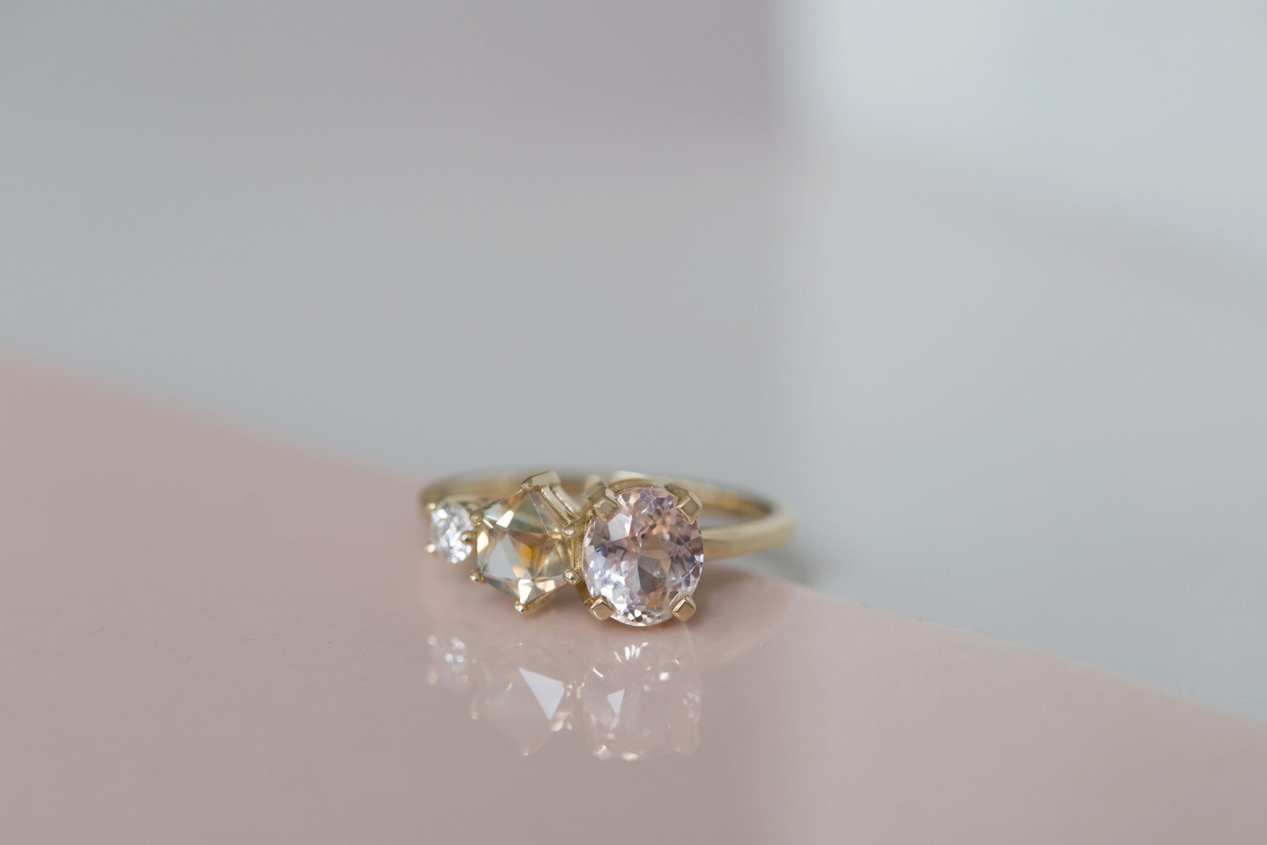 Lavender Oval Sapphire + Geocut Montana Sapphire + Diamond Cluster Engagement Ring | 14k Recycled Yellow Gold | One of a Kind