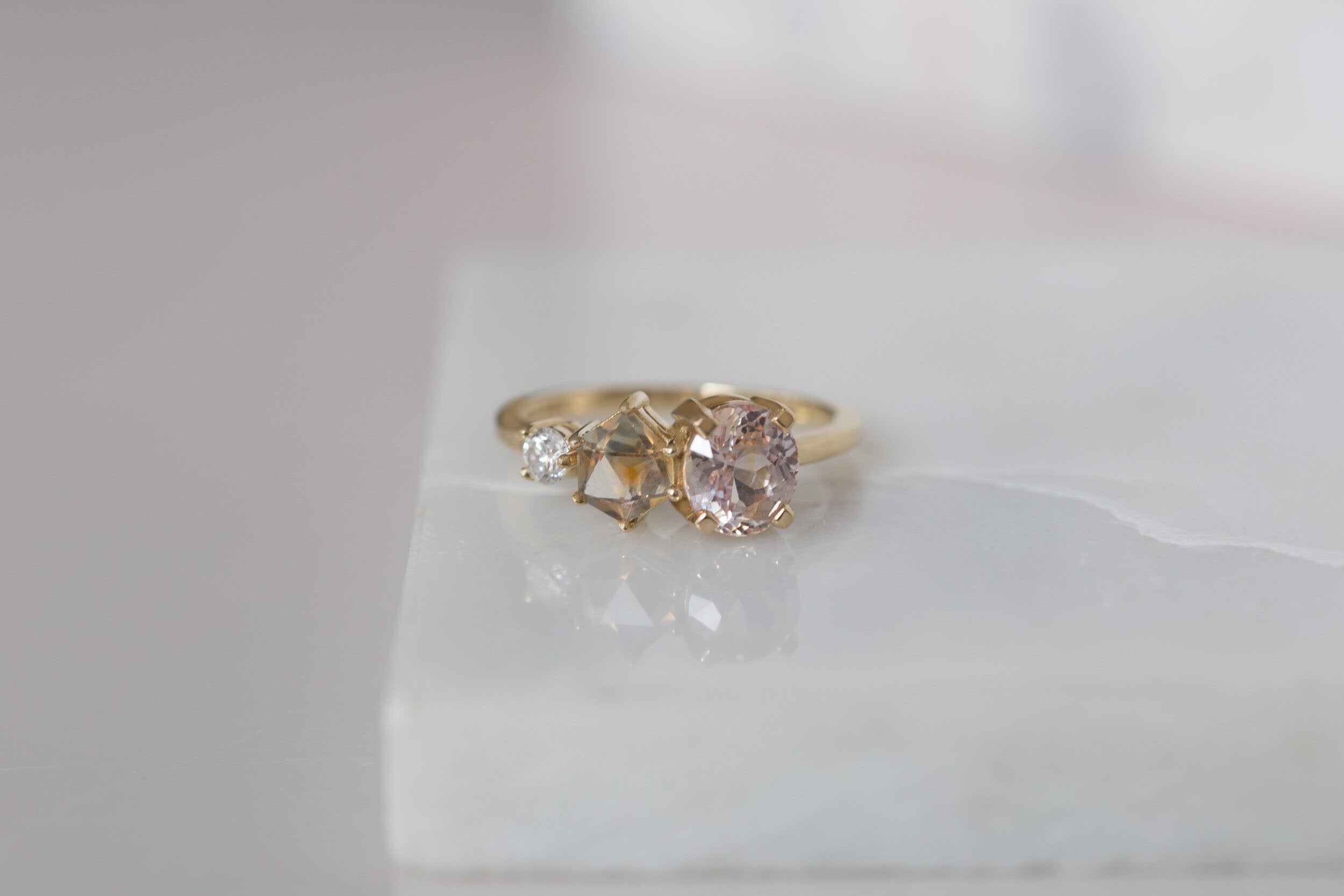 Lavender Oval Sapphire + Geocut Montana Sapphire + Diamond Cluster Engagement Ring | 14k Recycled Yellow Gold | One of a Kind