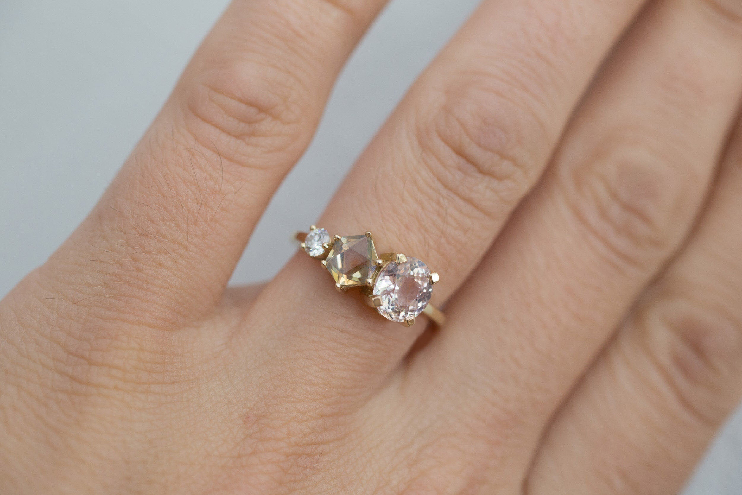 Lavender Oval Sapphire + Geocut Montana Sapphire + Diamond Cluster Engagement Ring | 14k Recycled Yellow Gold | One of a Kind